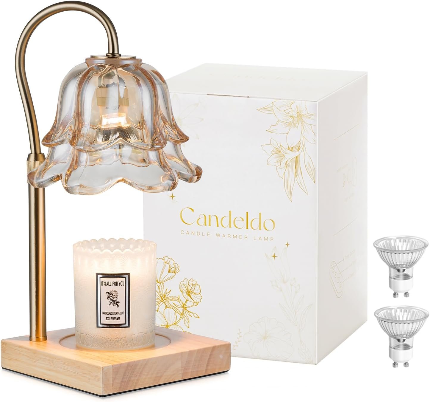 Candeldo Candle Warmer Lamp with Timer – Gold Flower Glass Shade, Dimmable