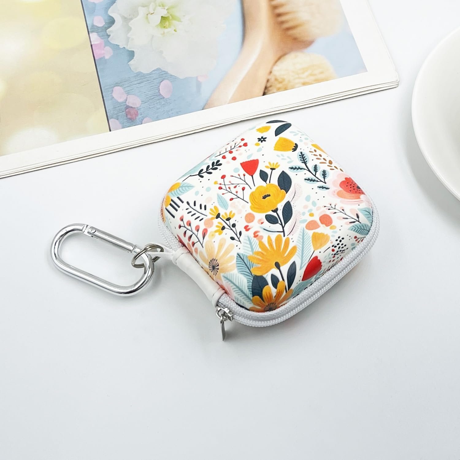 Earbud Case Headphone Organizer Ear Bud Case Portable EVA Carrying Box Storage Bag with Carabiner for AirPods Beats Bose Galaxy Buds 4/3/FE Data Cable Storage (Blooming Floral) - Image 2