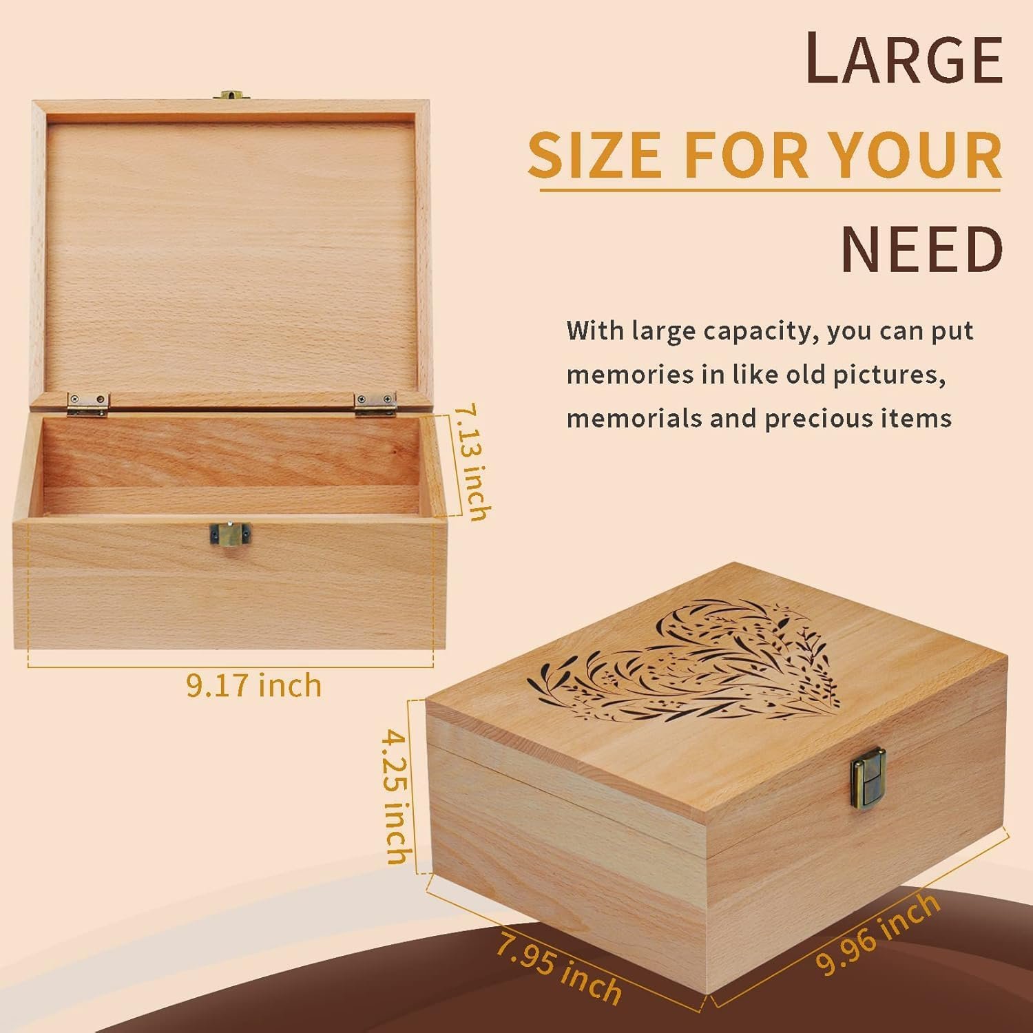 EXISTING Wooden Memory Keepsake Box, Floral Heart Engraved Large Keepsake Boxes with Lids, Memory Box Keepsakes Gift for Anniversary, Wedding, Memory, Birthday, Valentines Day, for Office or Home - Image 3