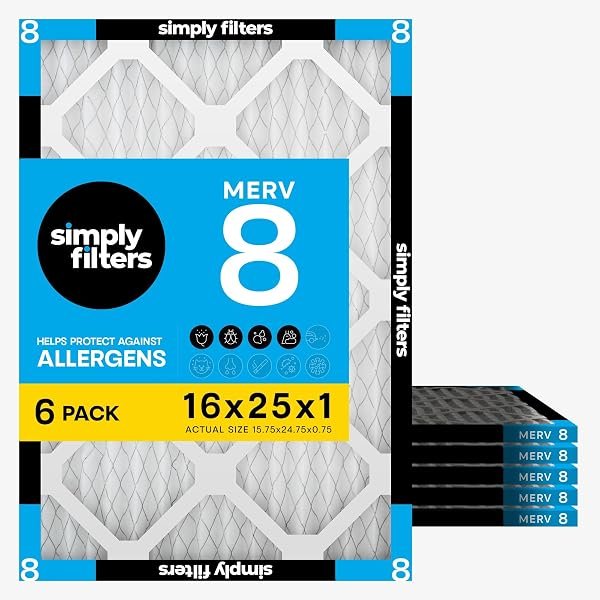 Simply 16x25x1 Air Filter, MERV 8, 6 Pack, For Home AC Furnace & HVAC (Actual Si