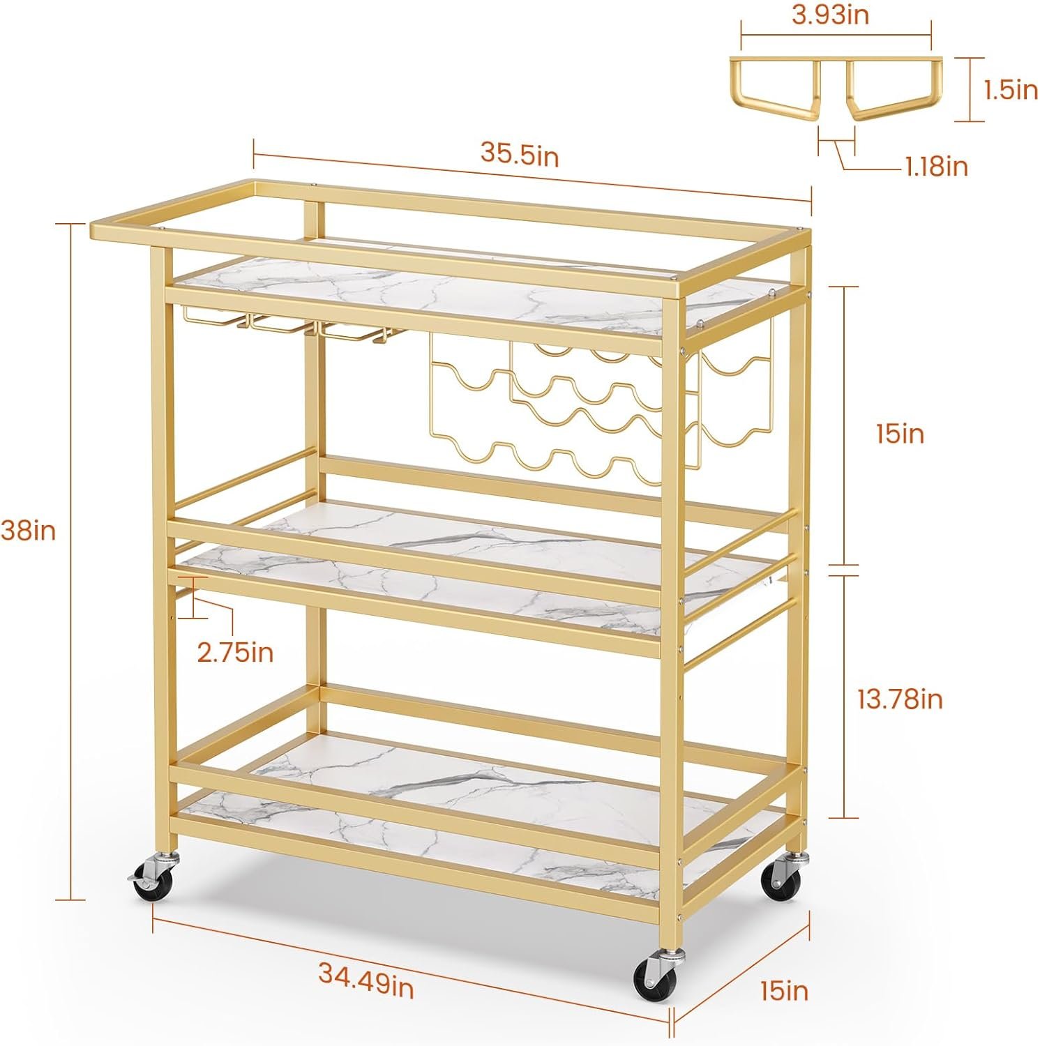 Leteuke Bar Cart for Home, 3 Tier Gold Serving Rolling Carts with Wheels, Drink Cart, Liquor Stand with Marbled Wooden Shelves, Wine Rack and Glass Holder for Kitchen, Dining Room - Image 3