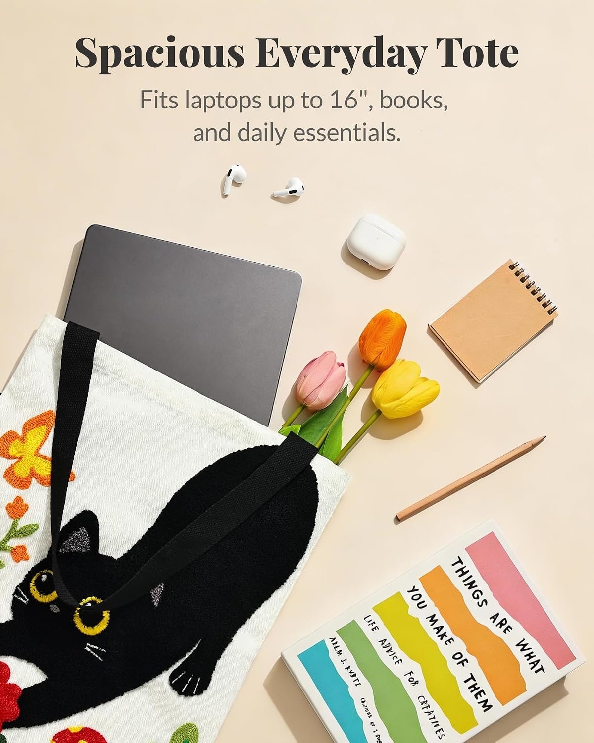 Jeasona Canvas Tote Bag for Women,Cute 3D Black Cat & Flowers Reusable Embroidered Canvas Shoulder Bag - Image 5