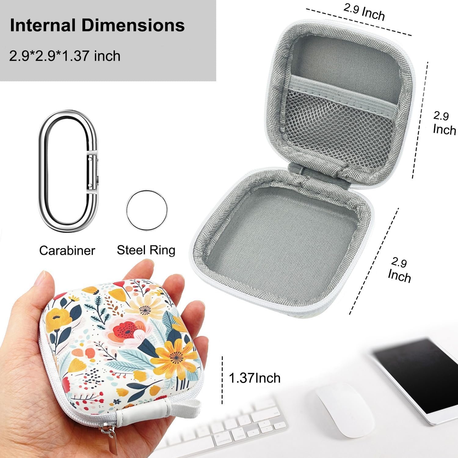 Earbud Case Headphone Organizer Ear Bud Case Portable EVA Carrying Box Storage Bag with Carabiner for AirPods Beats Bose Galaxy Buds 4/3/FE Data Cable Storage (Blooming Floral) - Image 3