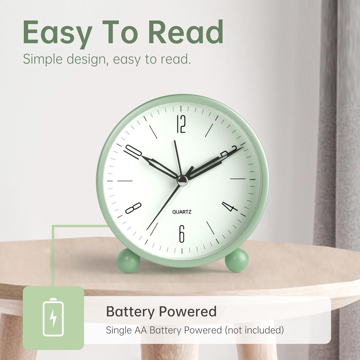 JALL Analog Alarm Clock, 4 inch Super Silent Non Ticking Small Clock with Night Light, Battery Operated, Simple Design, Old Fashioned Style Ideal Decor, for Bedroom, Bedside, Desk, Adult, Gift, Green - Image 3