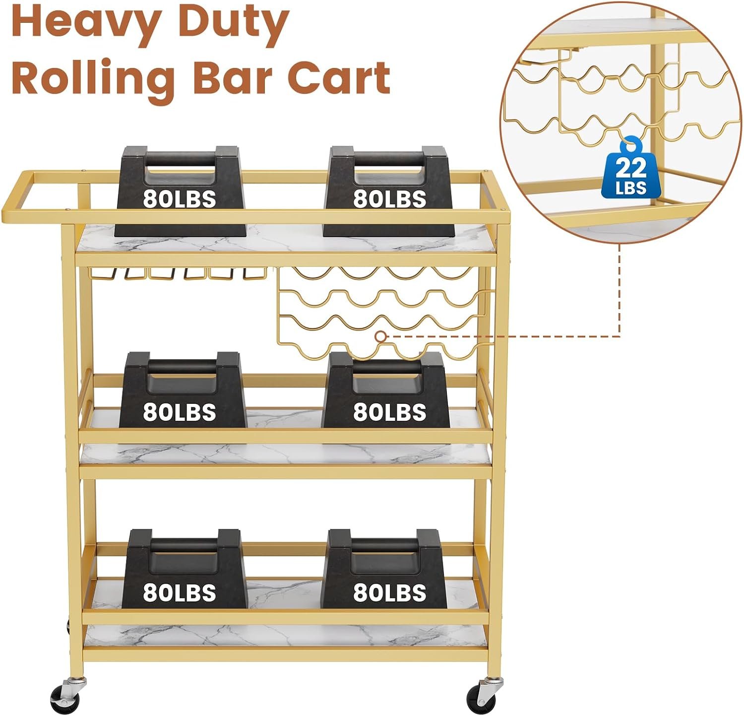 Leteuke Bar Cart for Home, 3 Tier Gold Serving Rolling Carts with Wheels, Drink Cart, Liquor Stand with Marbled Wooden Shelves, Wine Rack and Glass Holder for Kitchen, Dining Room - Image 7