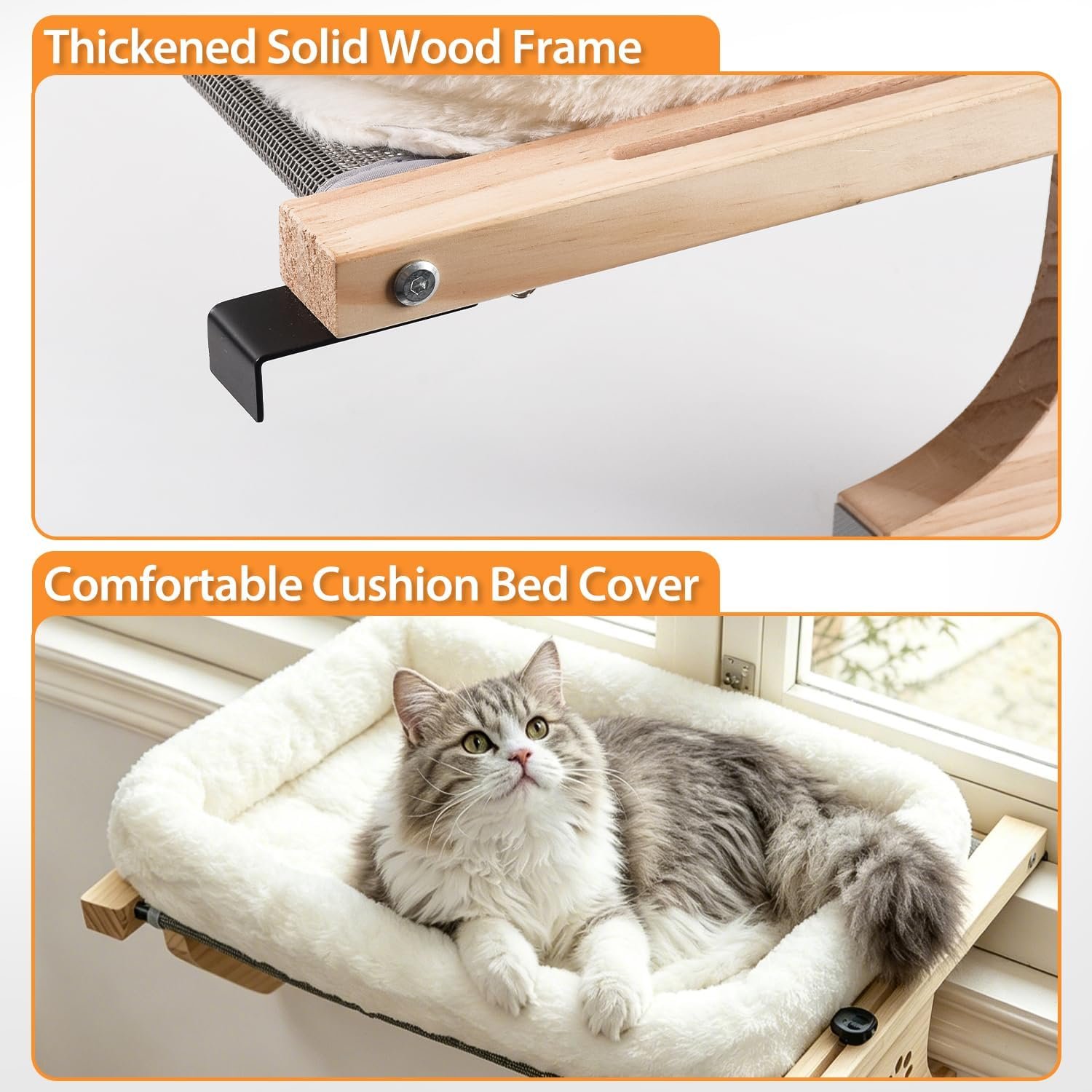AMOSIJOY Cat Sill Window Perch Sturdy Hammock Window Seat with Cushion Bed Cover, Wood & Metal Frame for Large Cats, Easy to Adjust Cat Bed for Windowsill, Bedside, Drawer and Cabinet(Cushion Bed) - Image 6
