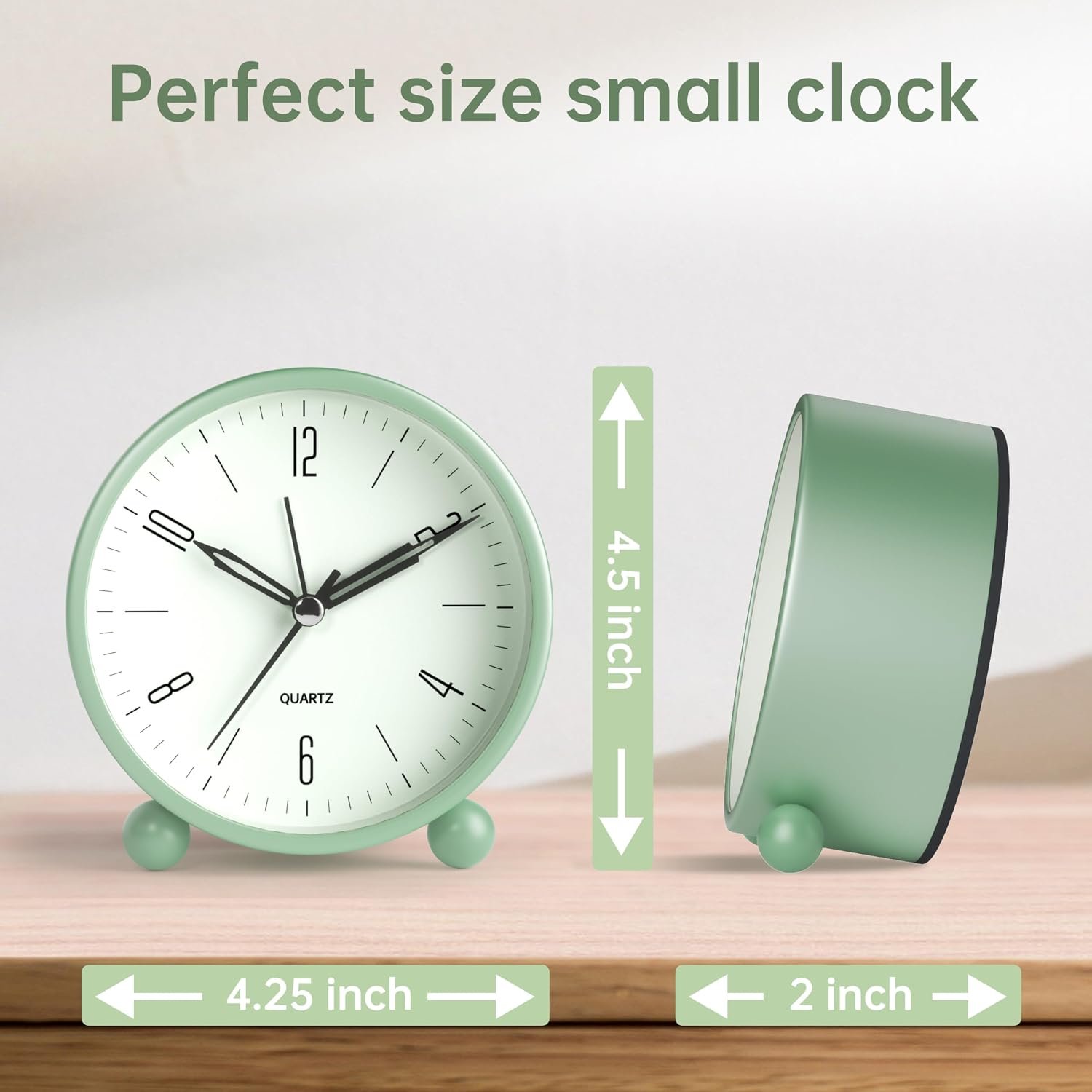 JALL Analog Alarm Clock, 4 inch Super Silent Non Ticking Small Clock with Night Light, Battery Operated, Simple Design, Old Fashioned Style Ideal Decor, for Bedroom, Bedside, Desk, Adult, Gift, Green - Image 7