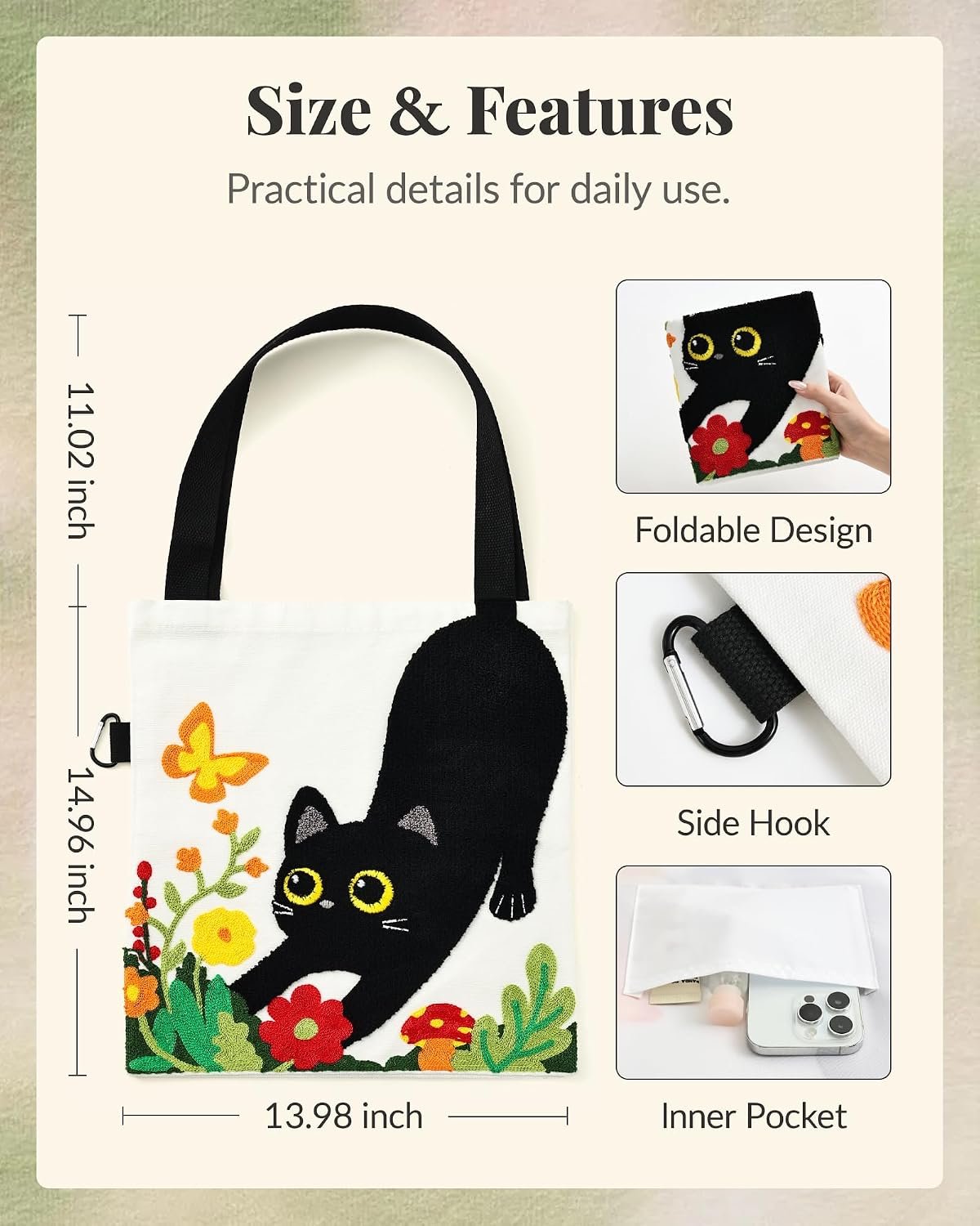 Jeasona Canvas Tote Bag for Women,Cute 3D Black Cat & Flowers Reusable Embroidered Canvas Shoulder Bag - Image 6