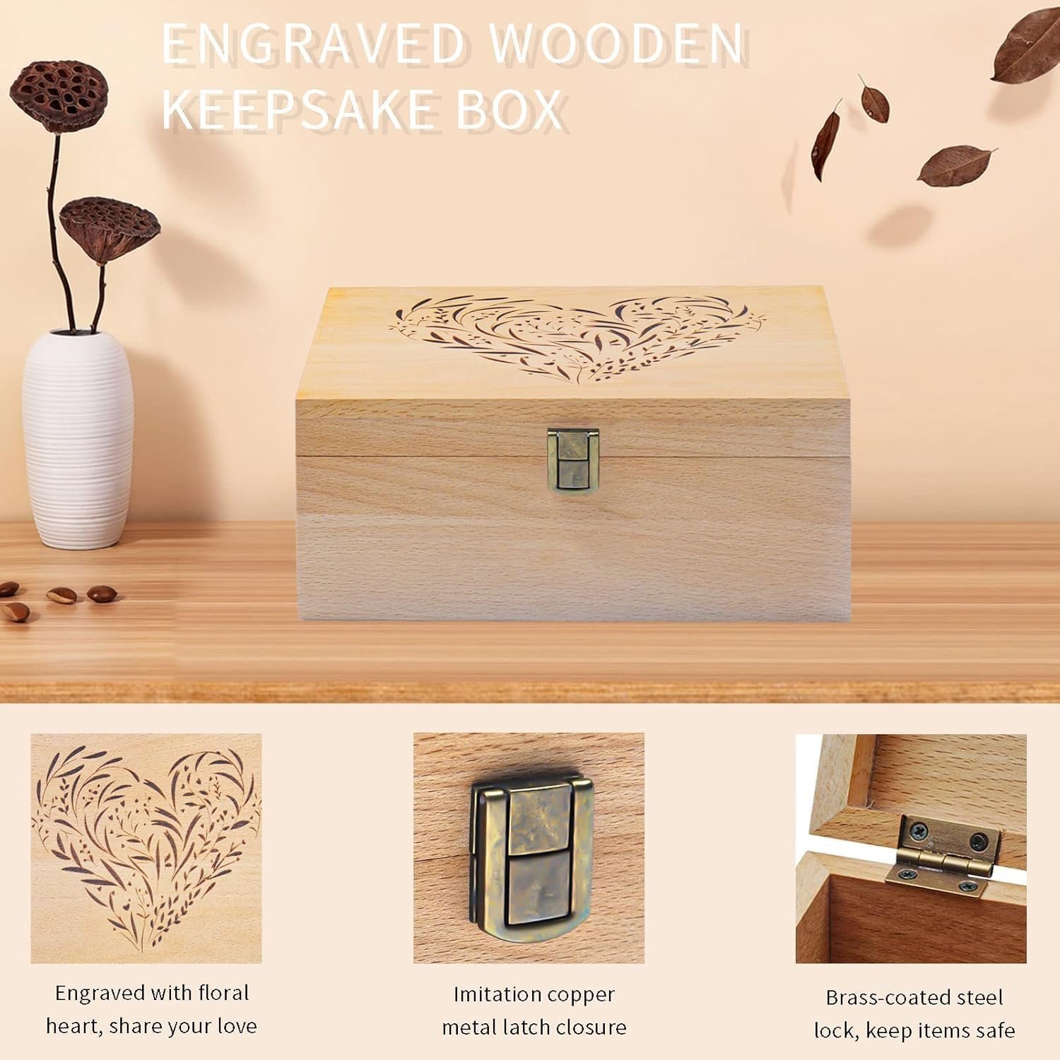 EXISTING Wooden Memory Keepsake Box, Floral Heart Engraved Large Keepsake Boxes with Lids, Memory Box Keepsakes Gift for Anniversary, Wedding, Memory, Birthday, Valentines Day, for Office or Home - Image 2