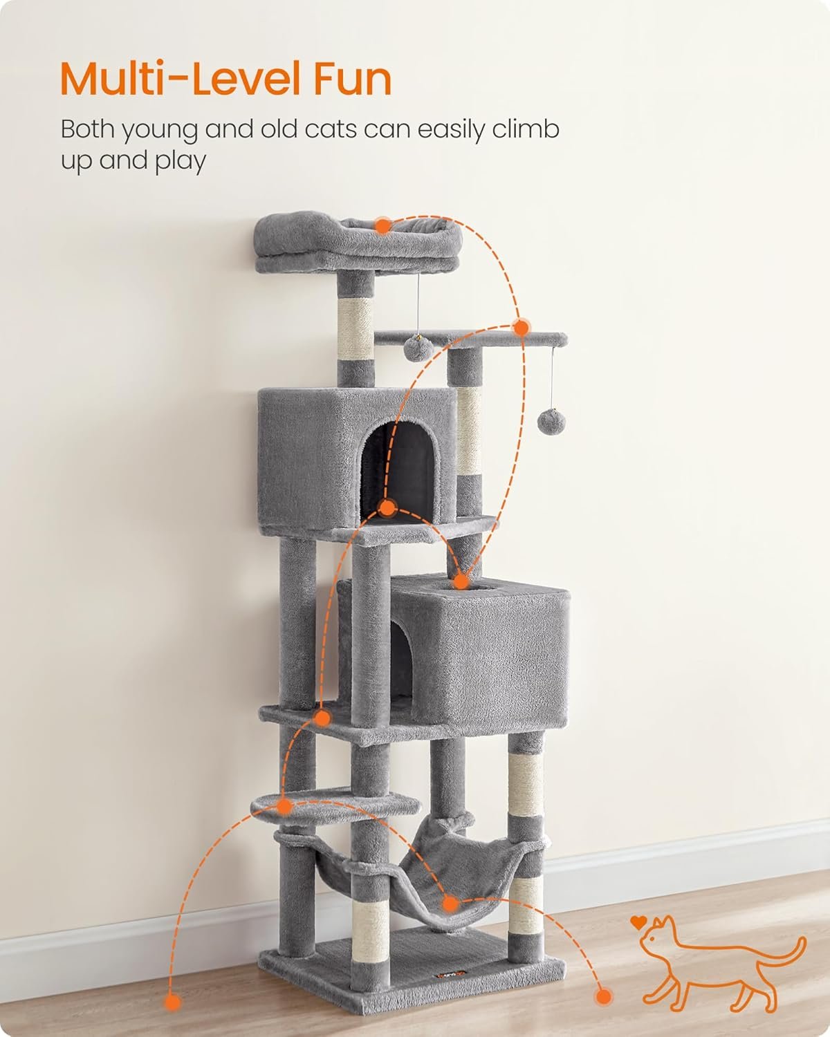 Feandrea Cat Tree, 59.5-Inch Tall Cat Tower, Plush Multi-Level Condo with 5 Scratching Posts, 2 Perches, 2 Caves, Hammock, 2 Pompoms, Light Gray UPCT192W01 - Image 3