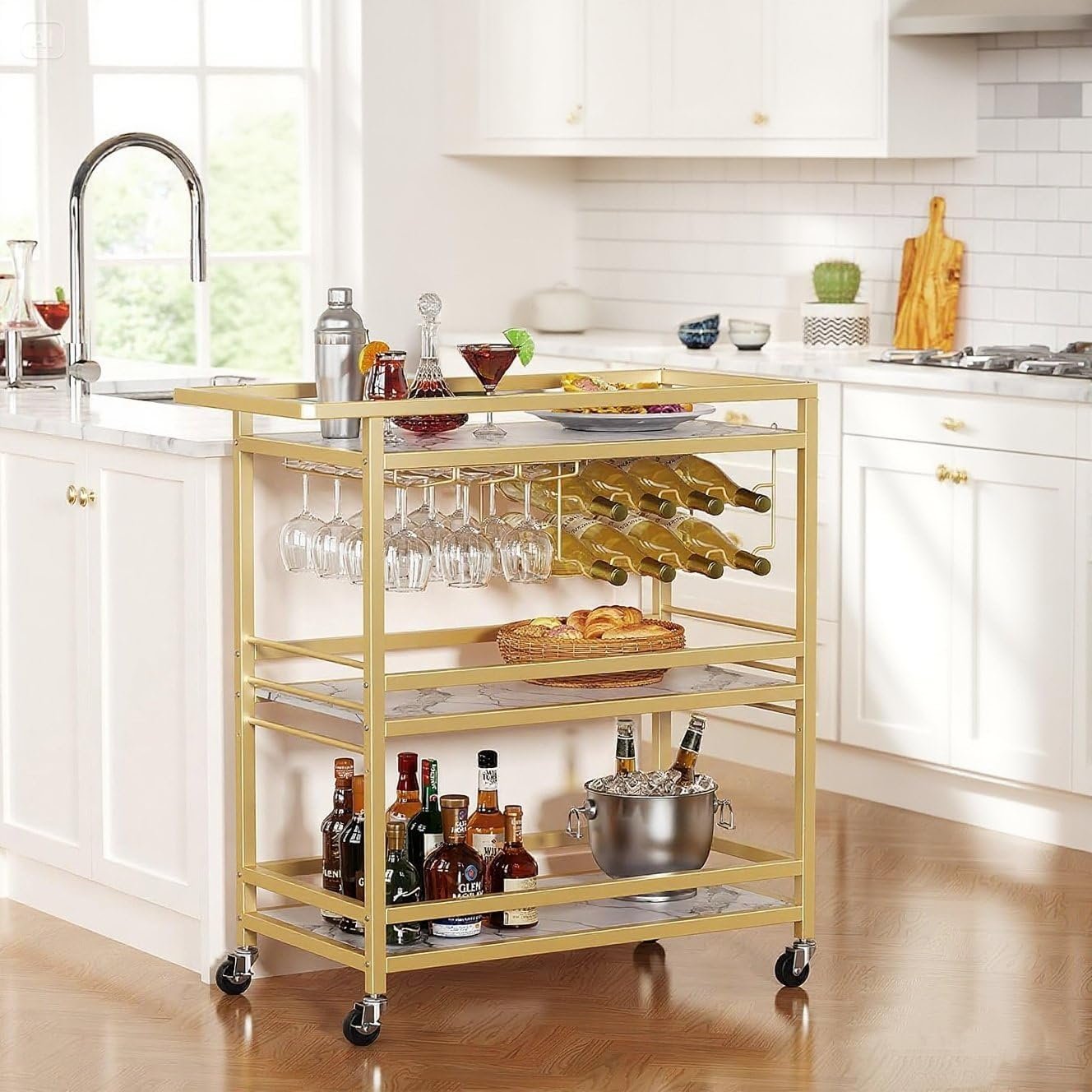 Leteuke Bar Cart for Home, 3 Tier Gold Serving Rolling Carts with Wheels, Drink Cart, Liquor Stand with Marbled Wooden Shelves, Wine Rack and Glass Holder for Kitchen, Dining Room - Image 5