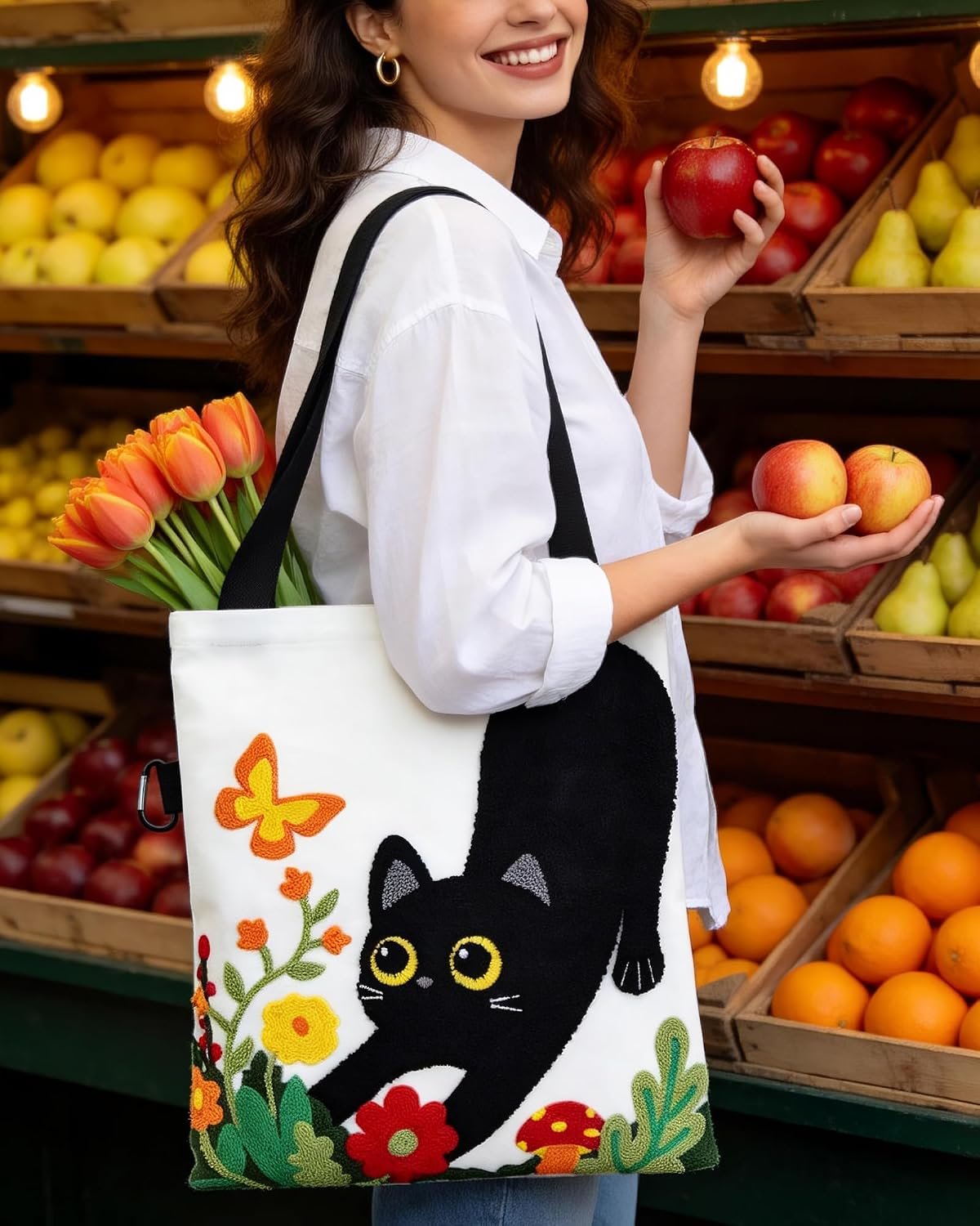 Jeasona Canvas Tote Bag for Women,Cute 3D Black Cat & Flowers Reusable Embroidered Canvas Shoulder Bag - Image 2