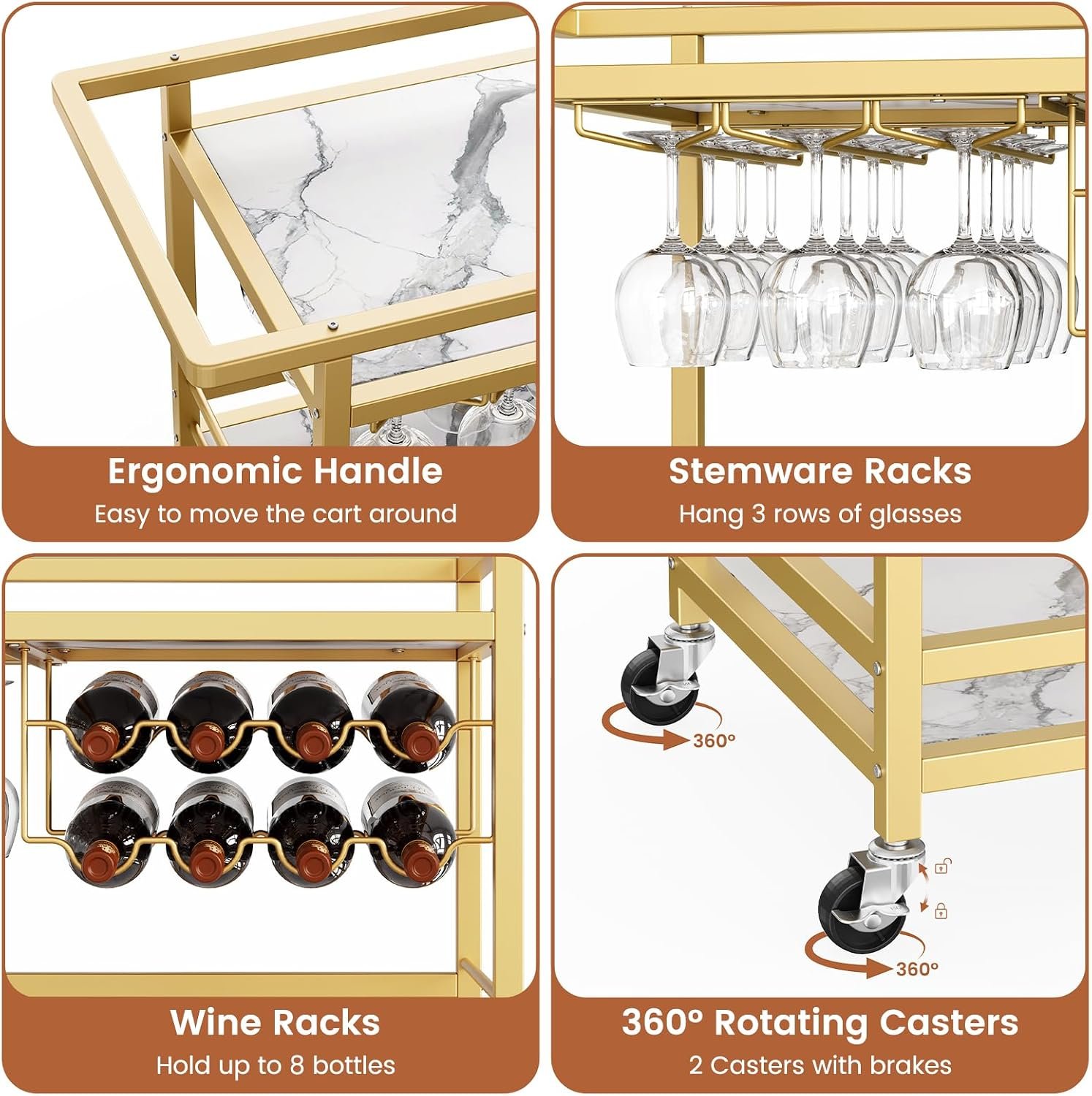 Leteuke Bar Cart for Home, 3 Tier Gold Serving Rolling Carts with Wheels, Drink Cart, Liquor Stand with Marbled Wooden Shelves, Wine Rack and Glass Holder for Kitchen, Dining Room - Image 4