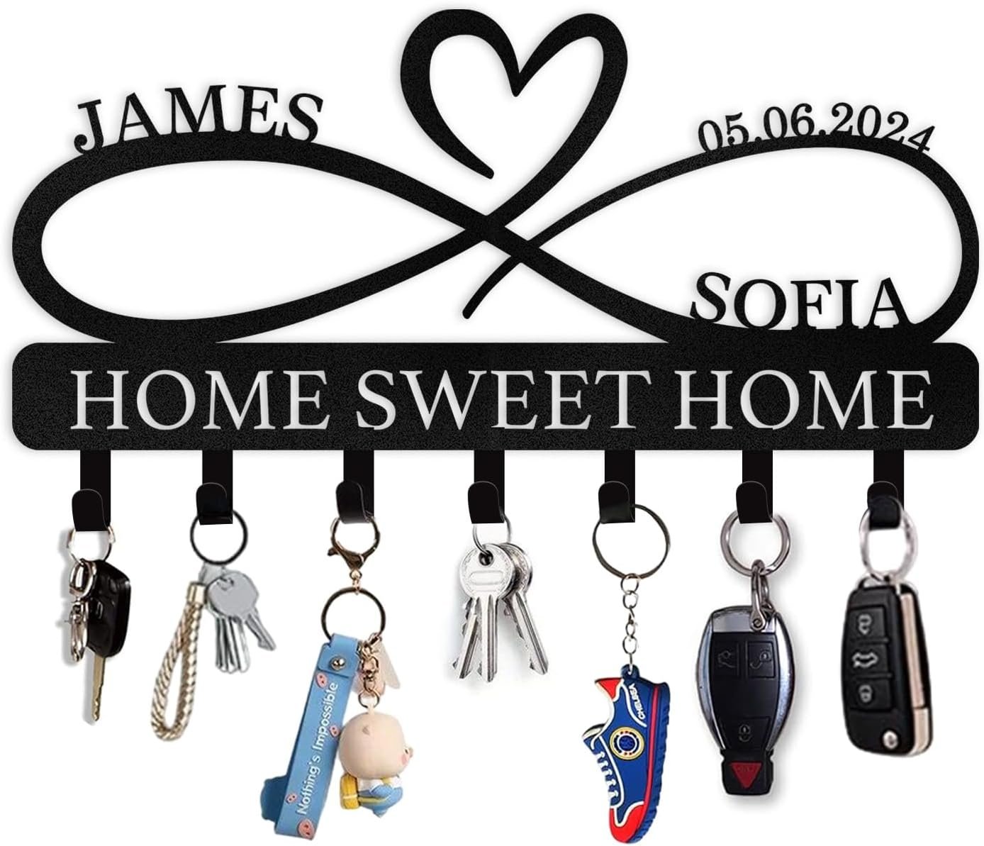 Personalized Metal Key Holder for Wall – Custom Couple's Name Key & Coat Rack