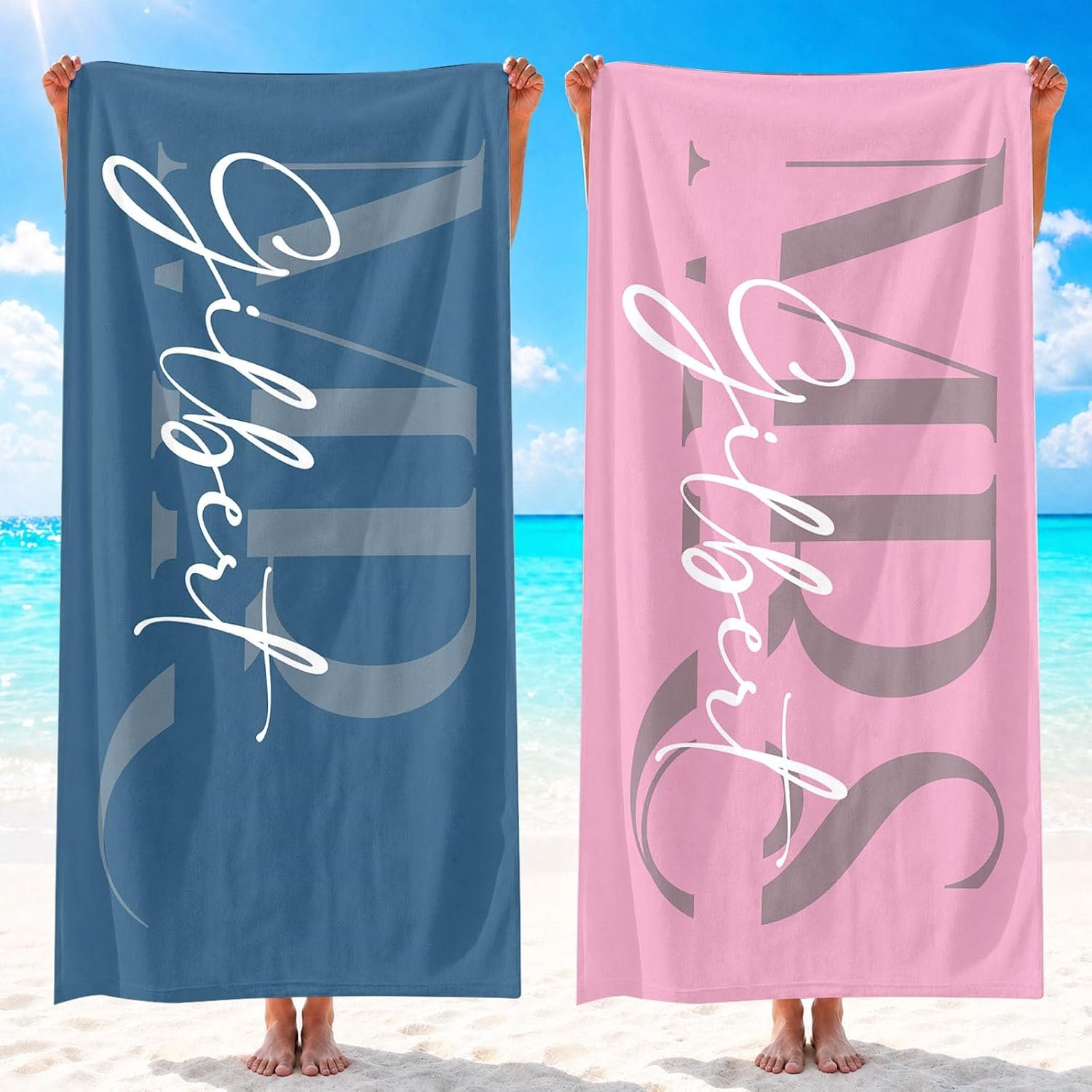 Loosusu Personalized Mr & Mrs Beach Towels – Set of 2, Custom Names for Bride & Groom