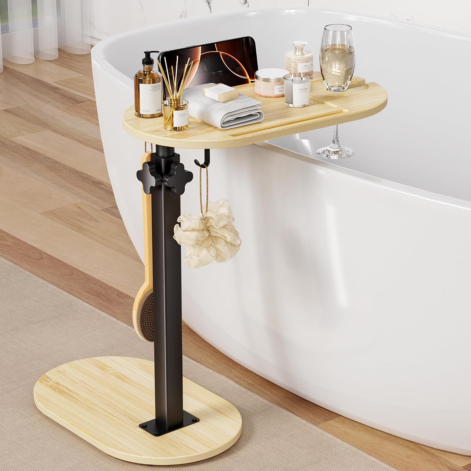 Sunnacate Bamboo Bathtub Caddy Tray – Adjustable Height, Freestanding Bath Organizer