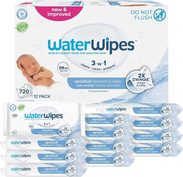 WaterWipes Sensitive+ Newborn & Baby Wipes, 3-In-1 Cleans, Cares, Protects, 99.9