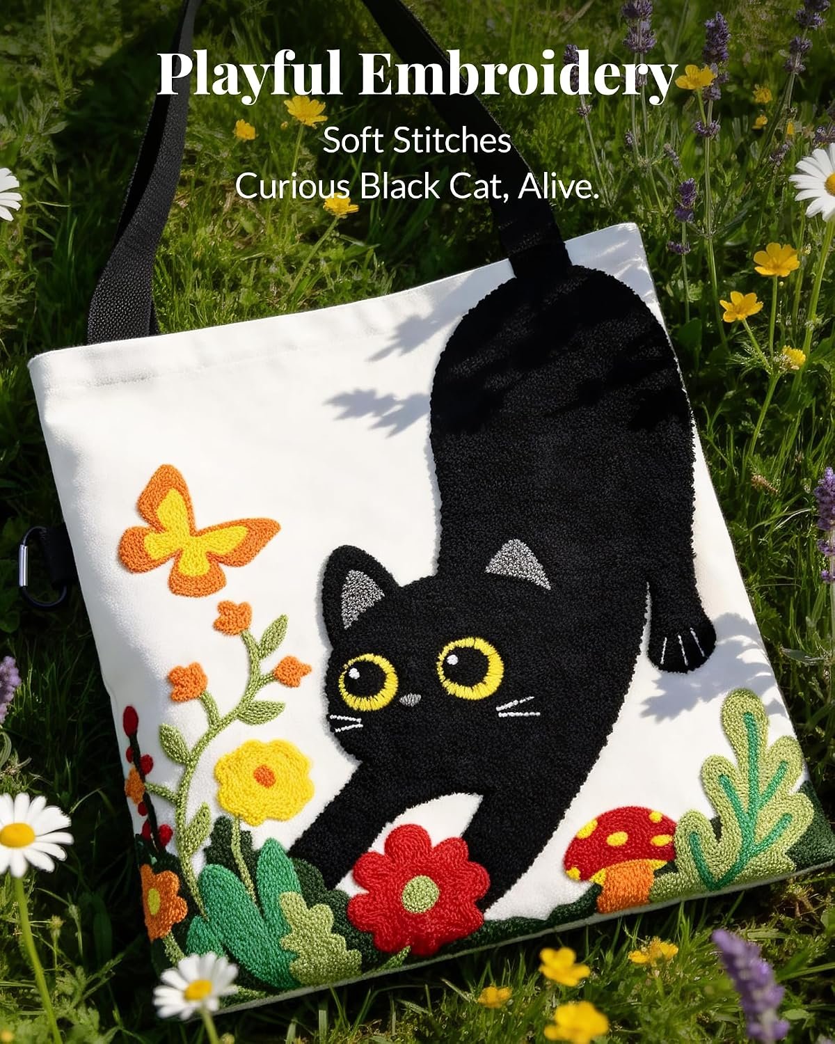 Jeasona Canvas Tote Bag for Women,Cute 3D Black Cat & Flowers Reusable Embroidered Canvas Shoulder Bag - Image 3