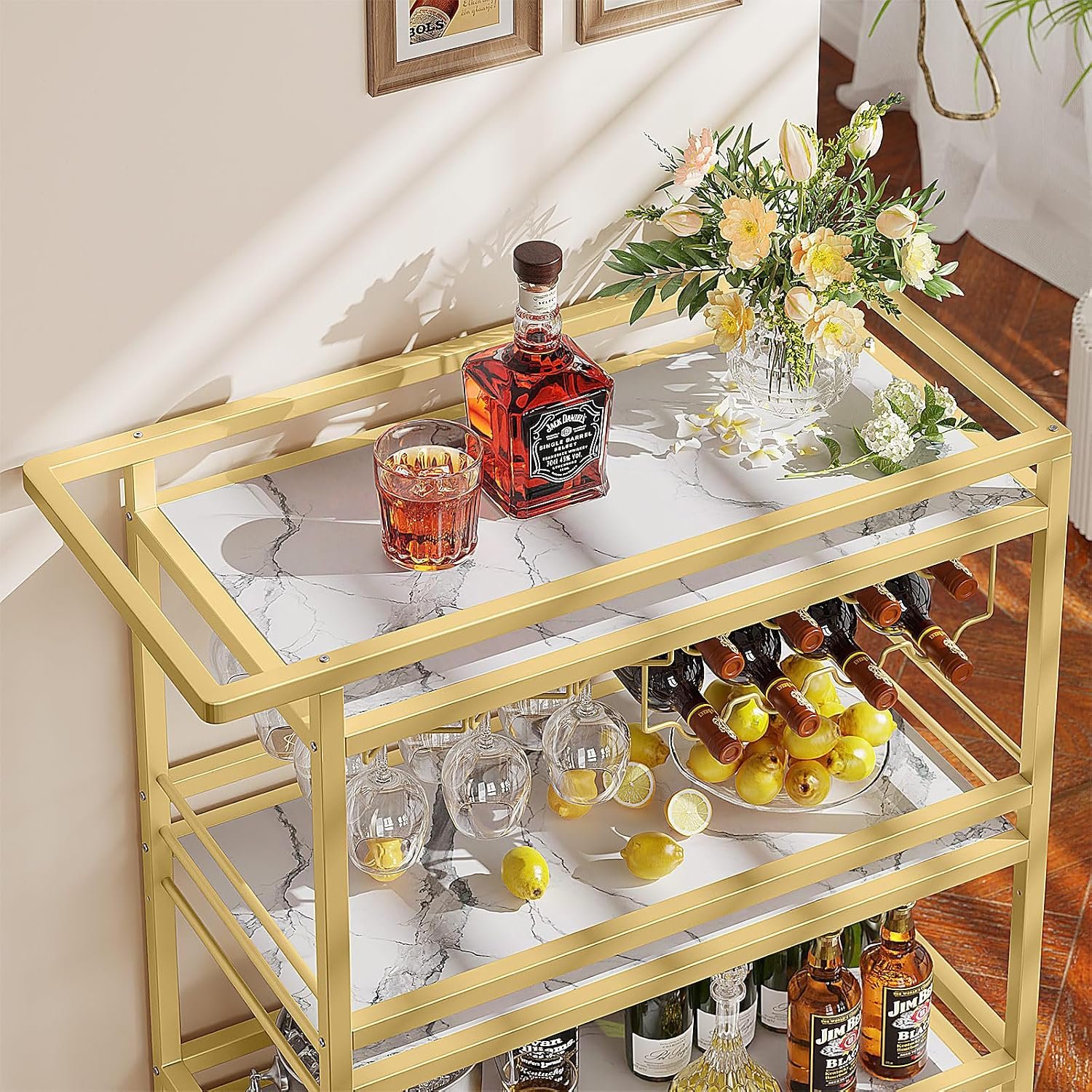 Leteuke Bar Cart for Home, 3 Tier Gold Serving Rolling Carts with Wheels, Drink Cart, Liquor Stand with Marbled Wooden Shelves, Wine Rack and Glass Holder for Kitchen, Dining Room - Image 2