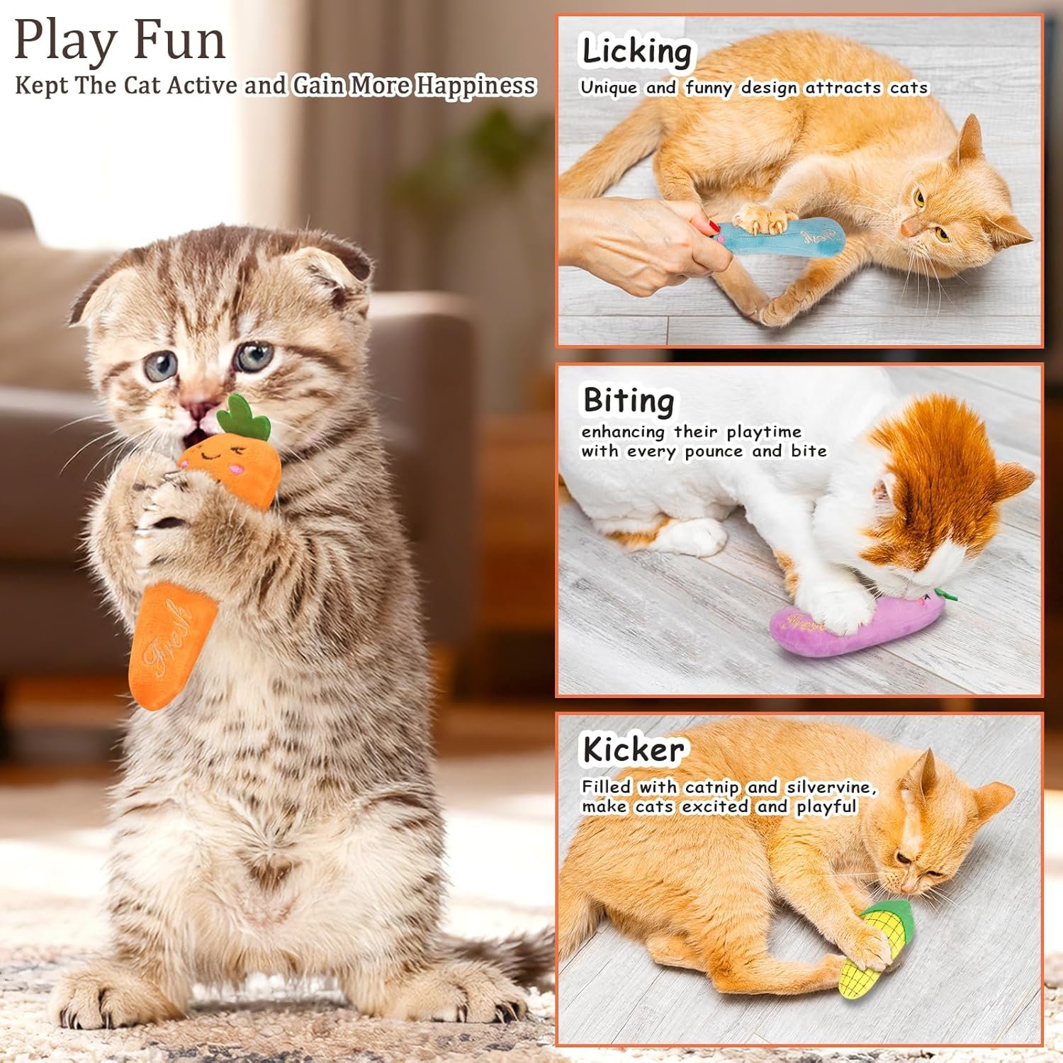 ETEKYER Catnip Cat Toys, 5 Pack, Plush Catnip Toys for Indoor Cats Kitten, Interactive Cat Nip Kitty Kicker Chew Safe Teeth Cleaning Toys, Fun Carrot Vegetable Shape - Image 5