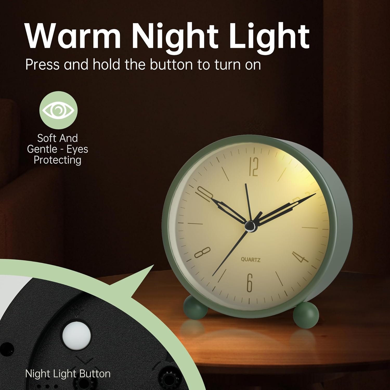 JALL Analog Alarm Clock, 4 inch Super Silent Non Ticking Small Clock with Night Light, Battery Operated, Simple Design, Old Fashioned Style Ideal Decor, for Bedroom, Bedside, Desk, Adult, Gift, Green - Image 4