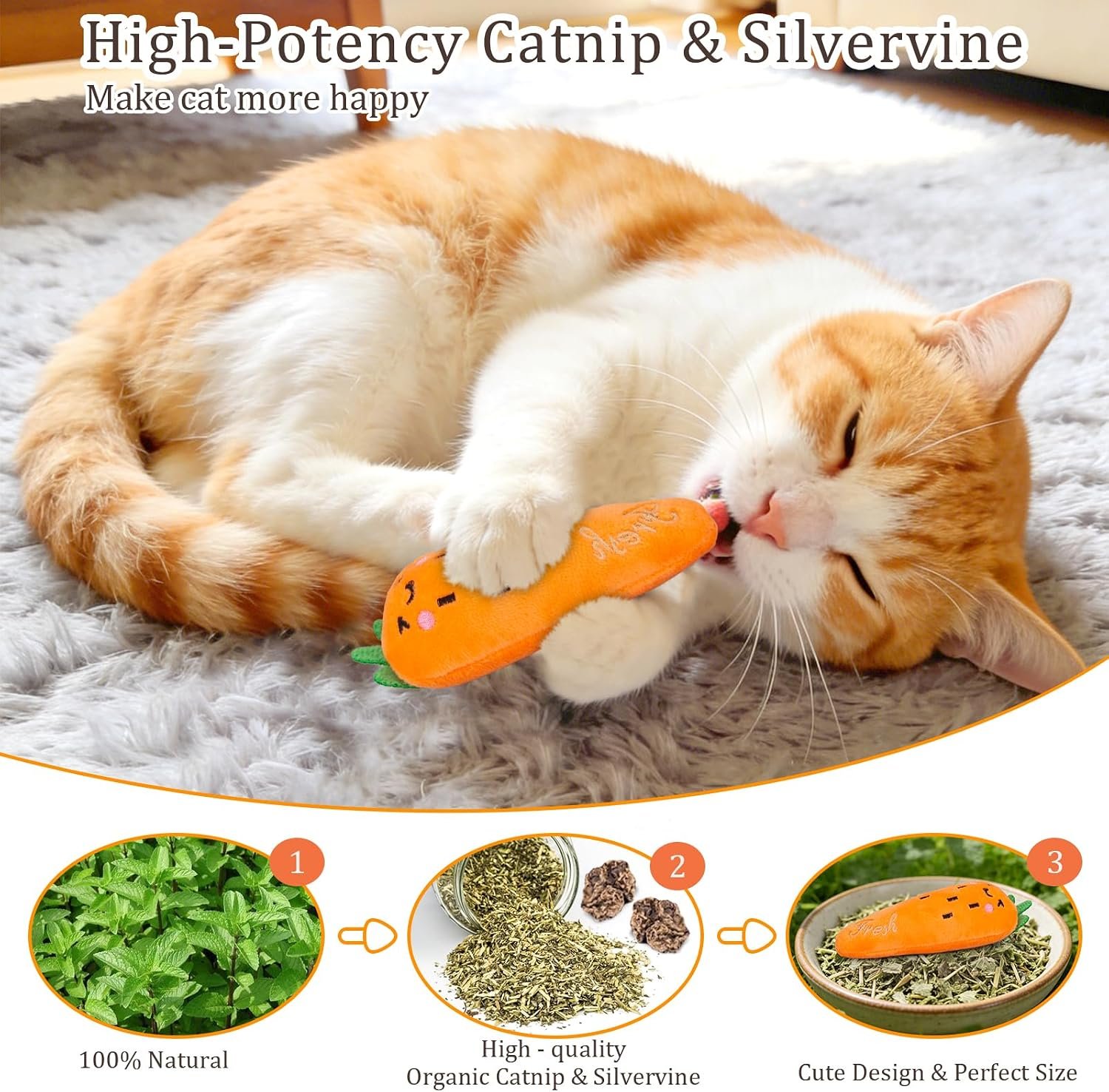 ETEKYER Catnip Cat Toys, 5 Pack, Plush Catnip Toys for Indoor Cats Kitten, Interactive Cat Nip Kitty Kicker Chew Safe Teeth Cleaning Toys, Fun Carrot Vegetable Shape - Image 2