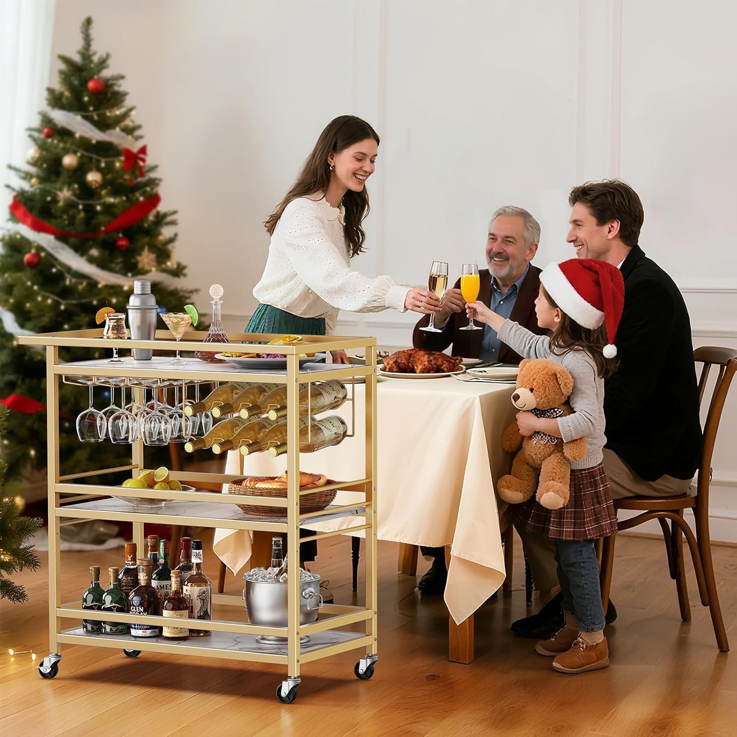 Leteuke Bar Cart for Home, 3 Tier Gold Serving Rolling Carts with Wheels, Drink Cart, Liquor Stand with Marbled Wooden Shelves, Wine Rack and Glass Holder for Kitchen, Dining Room - Image 6
