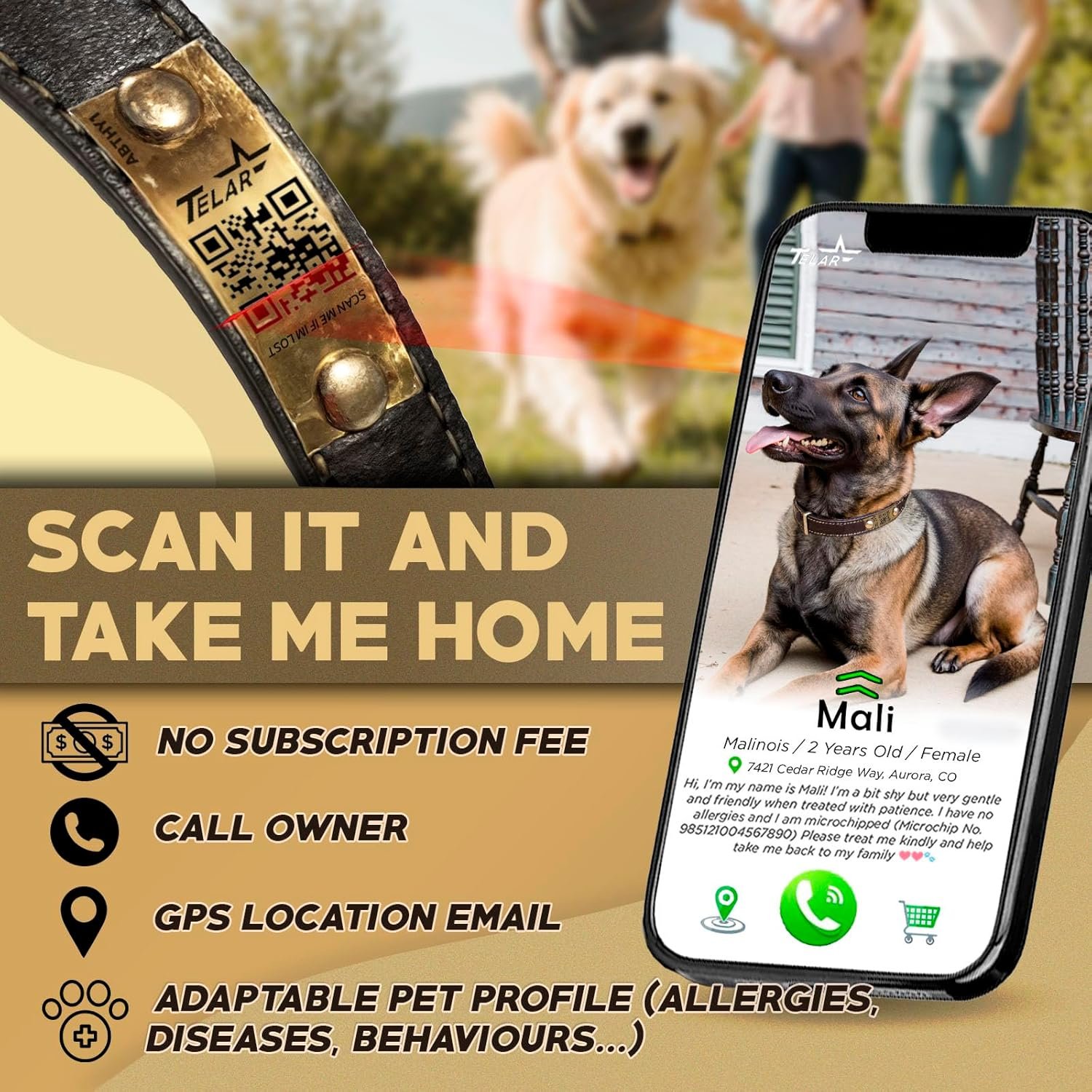 Personalized QR Code Dog Collar - Durable Genuine Leather Pet Collar with Engraved Smart ID Tag, Personalized Dog Collar with Name and Phone Number, Soft Padded Adjustable Neck Strap, Brown - Image 2
