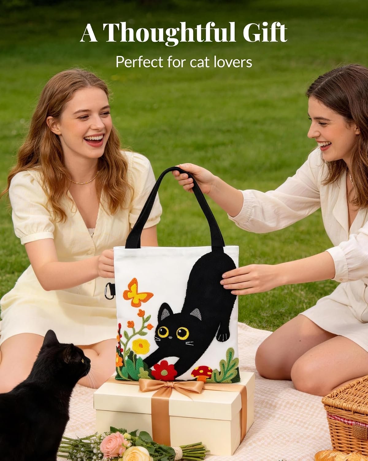 Jeasona Canvas Tote Bag for Women,Cute 3D Black Cat & Flowers Reusable Embroidered Canvas Shoulder Bag - Image 7