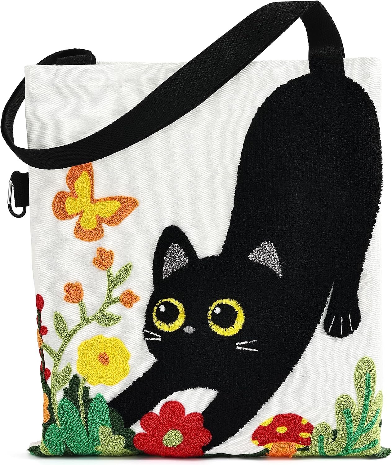 Jeasona Canvas Tote Bag for Women,Cute 3D Black Cat & Flowers Reusable Embroidered Canvas Shoulder Bag