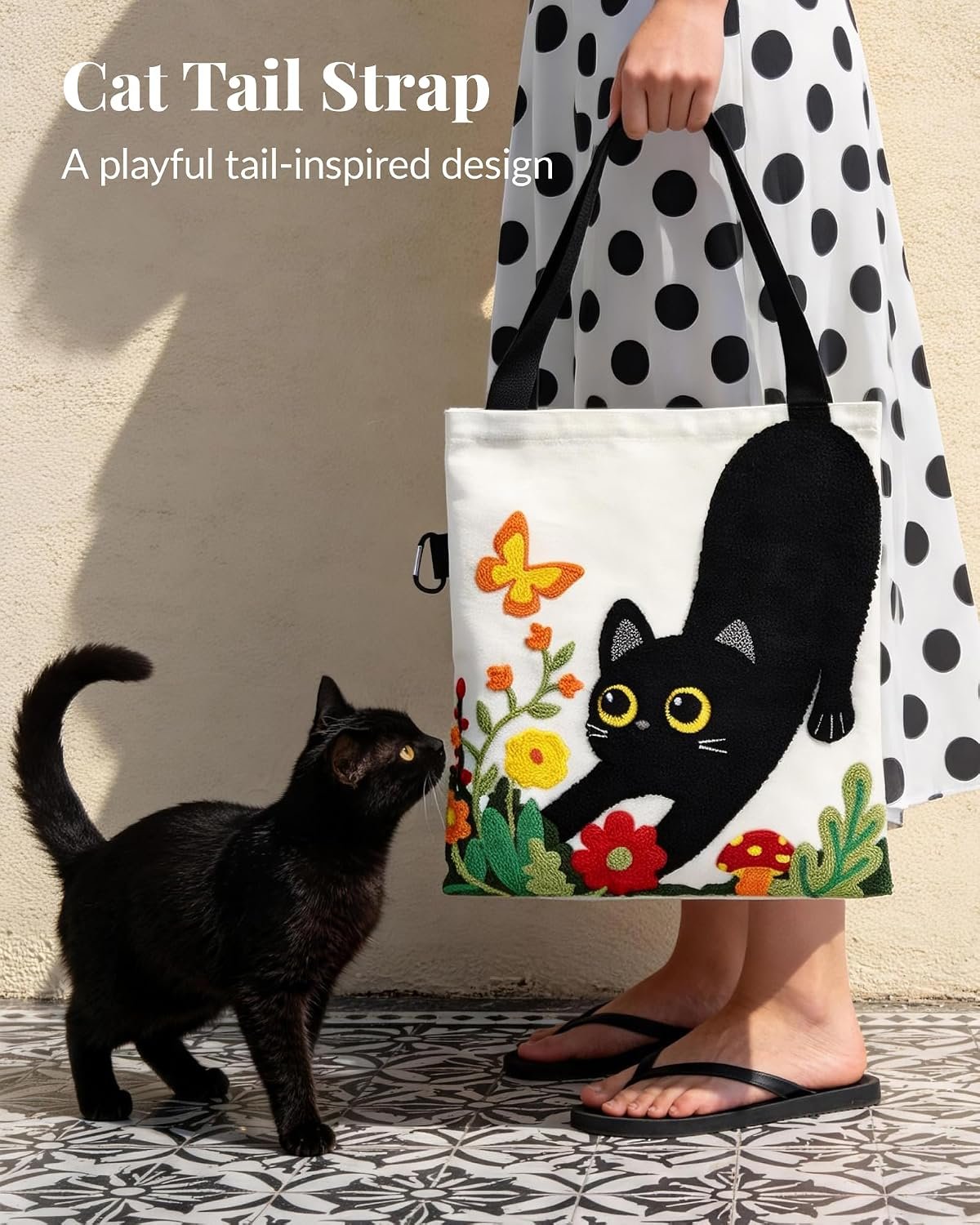 Jeasona Canvas Tote Bag for Women,Cute 3D Black Cat & Flowers Reusable Embroidered Canvas Shoulder Bag - Image 4
