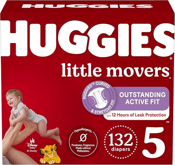 Huggies Size 5 Diapers, Little Movers Baby Diapers, Size 5 (27+ lbs), 132 Count