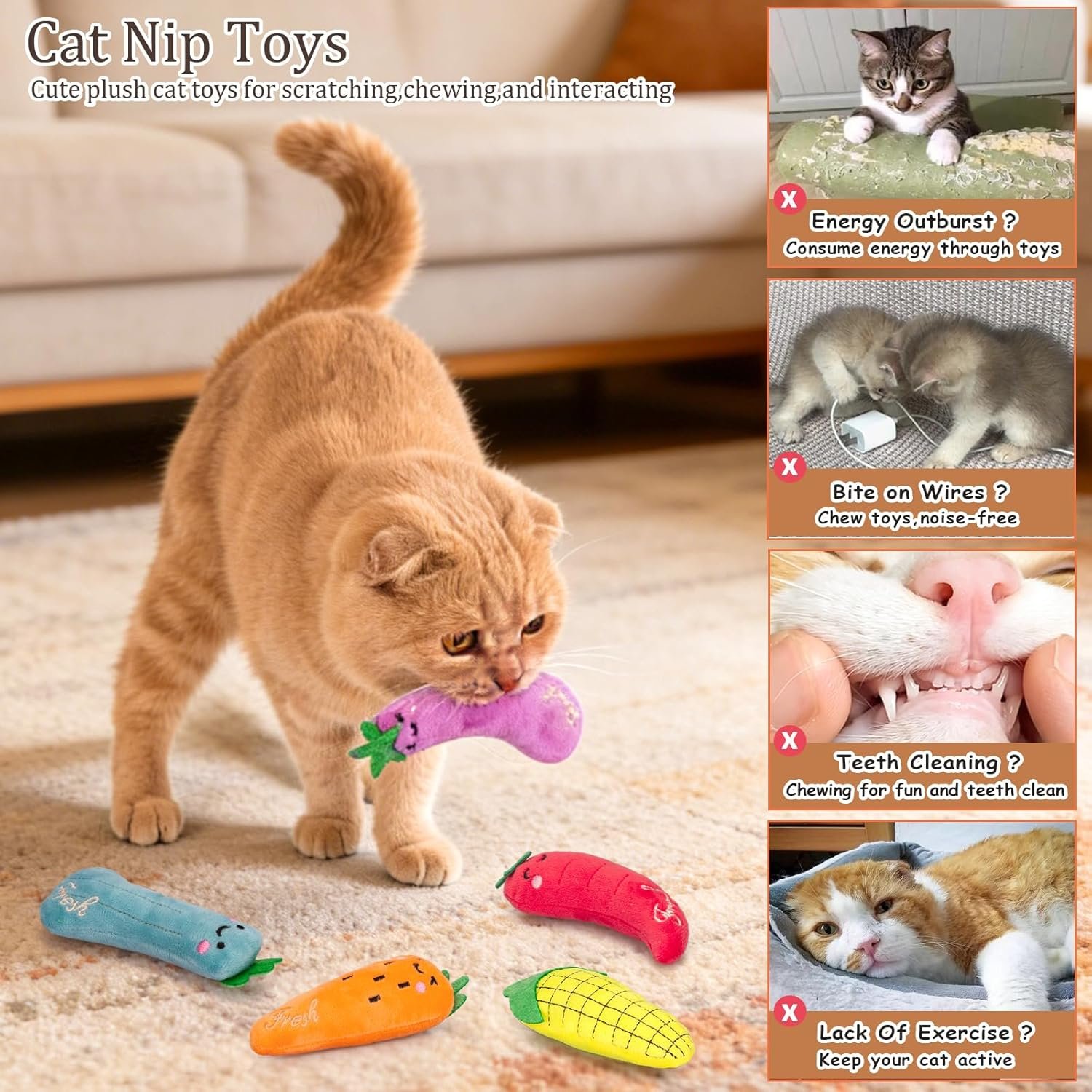 ETEKYER Catnip Cat Toys, 5 Pack, Plush Catnip Toys for Indoor Cats Kitten, Interactive Cat Nip Kitty Kicker Chew Safe Teeth Cleaning Toys, Fun Carrot Vegetable Shape - Image 3