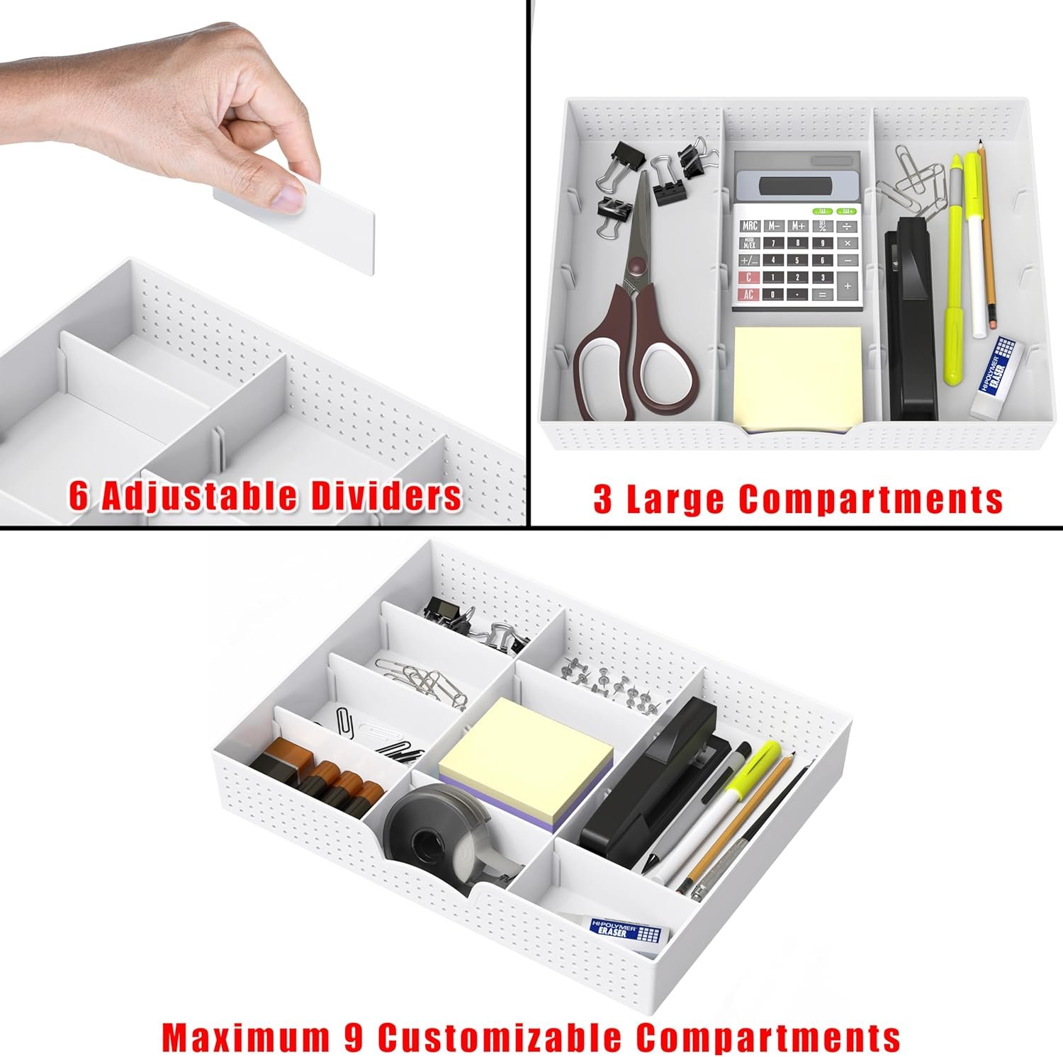 Simple Houseware Drawer Organizer Tray with 9 Adjustable Compartments, White - Image 3