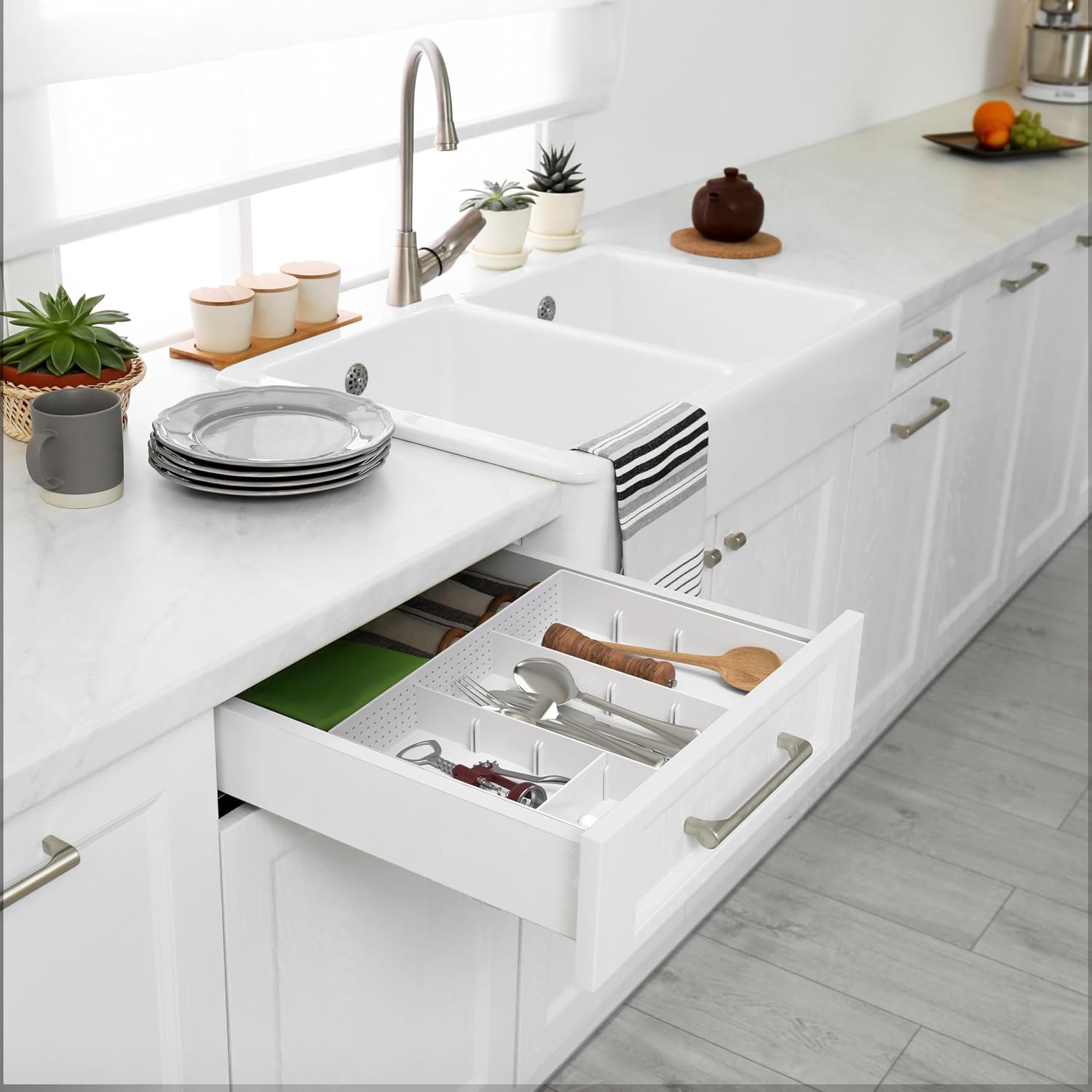 Simple Houseware Drawer Organizer Tray with 9 Adjustable Compartments, White - Image 5