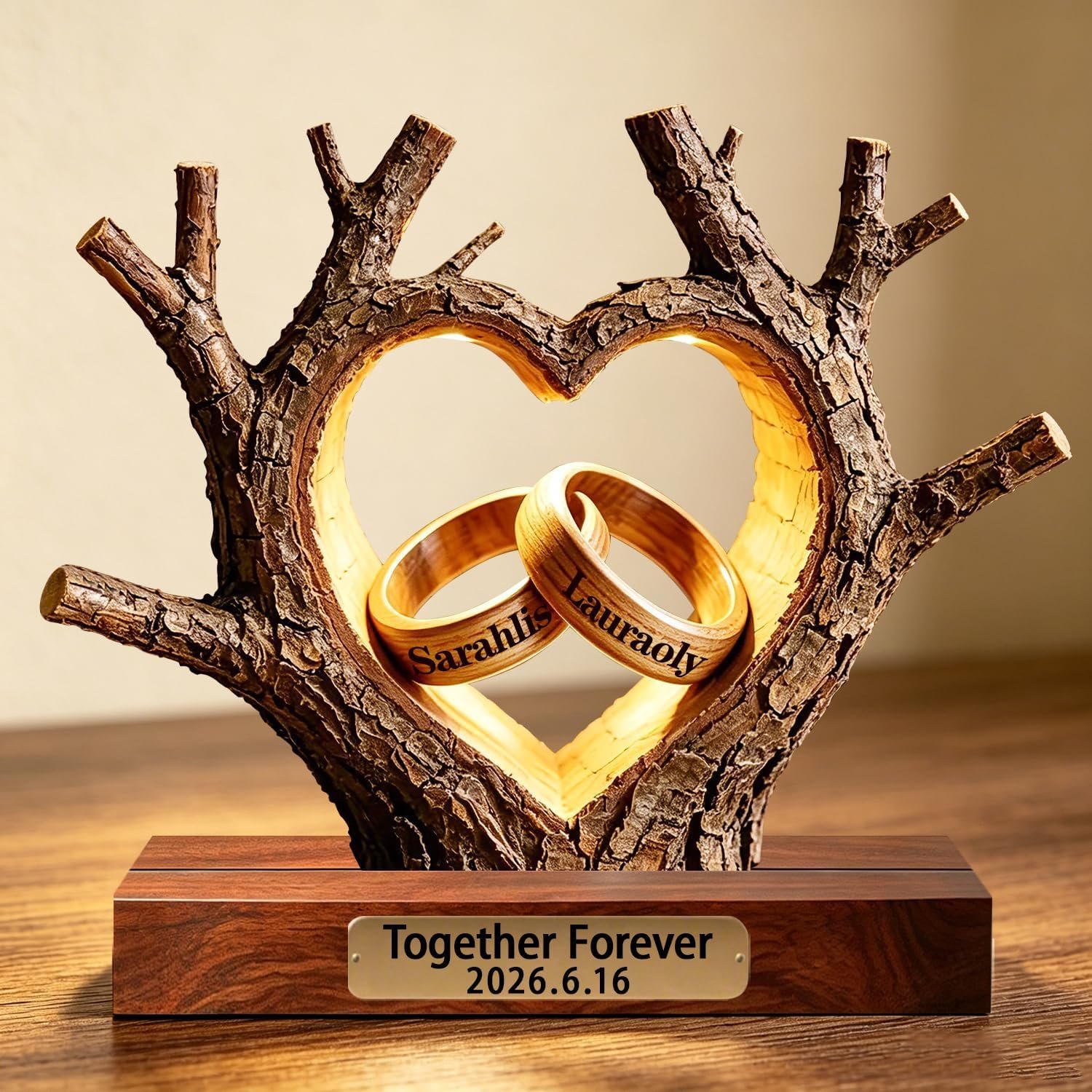 Personalized Couple Heart Tree Wooden Plaque – Custom Names Romantic Sign