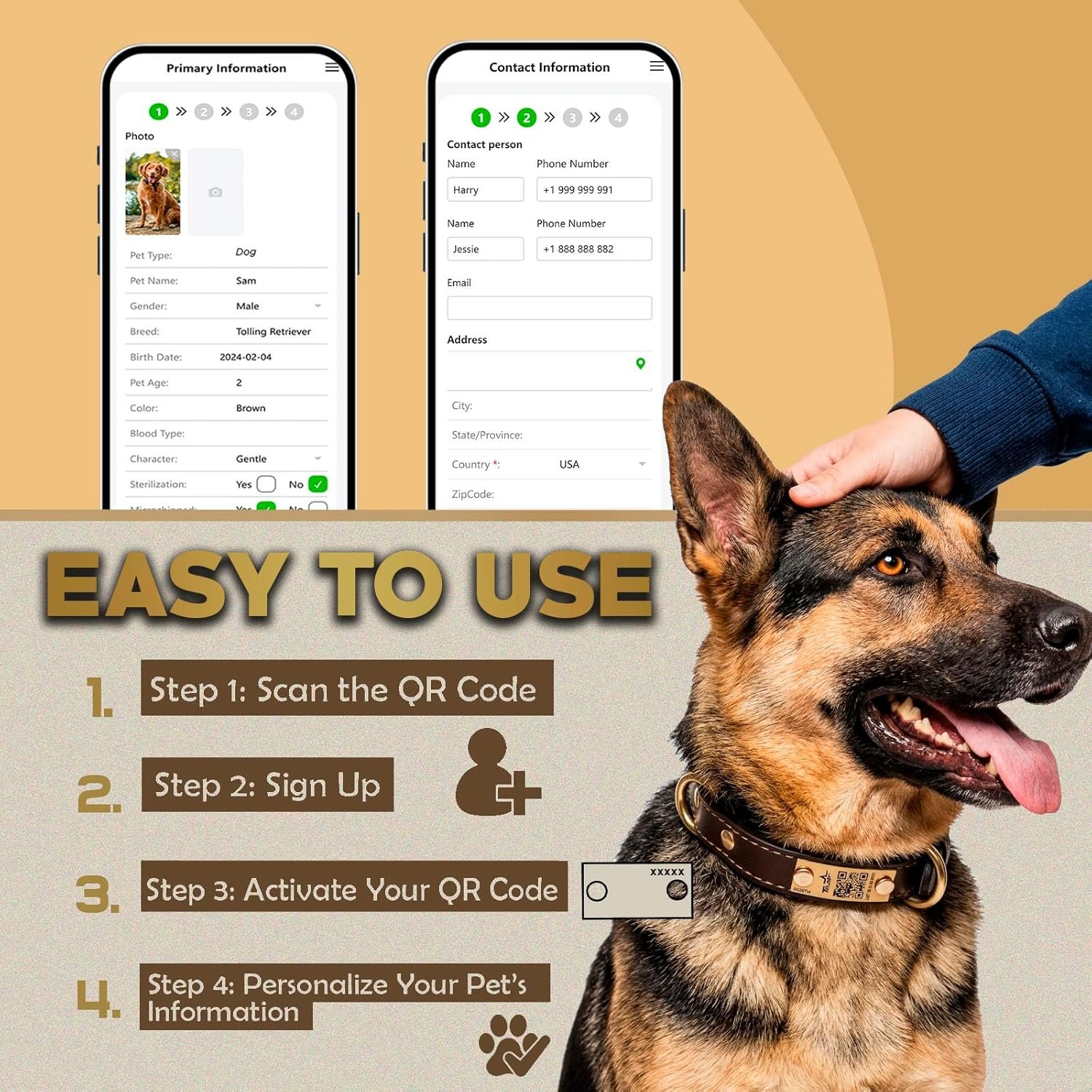 Personalized QR Code Dog Collar - Durable Genuine Leather Pet Collar with Engraved Smart ID Tag, Personalized Dog Collar with Name and Phone Number, Soft Padded Adjustable Neck Strap, Brown - Image 3