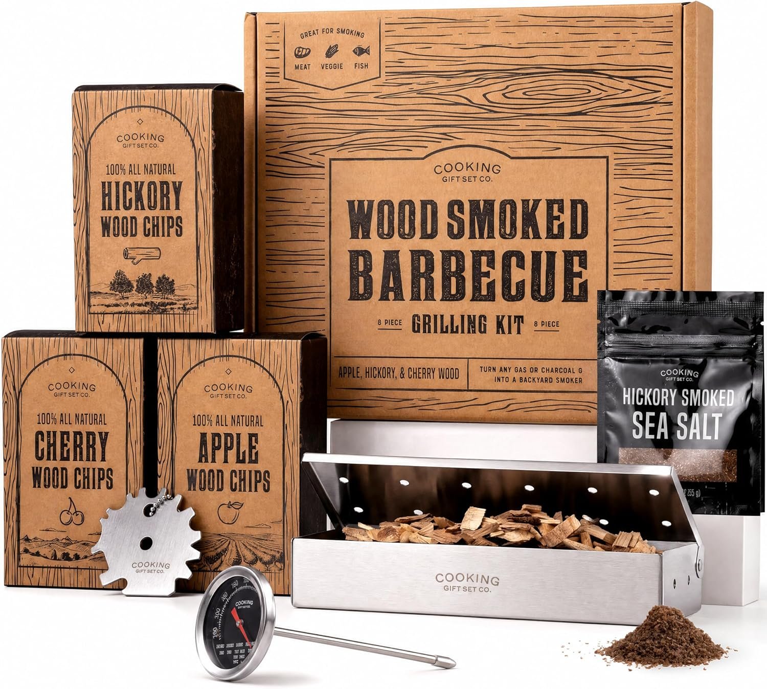 Wood Smoked Barbecue Grilling Set (7-Piece) - BBQ Smoker Box & Wood Chips Kit for Adding Smoke Flavor on the Grill, Gift for Dad