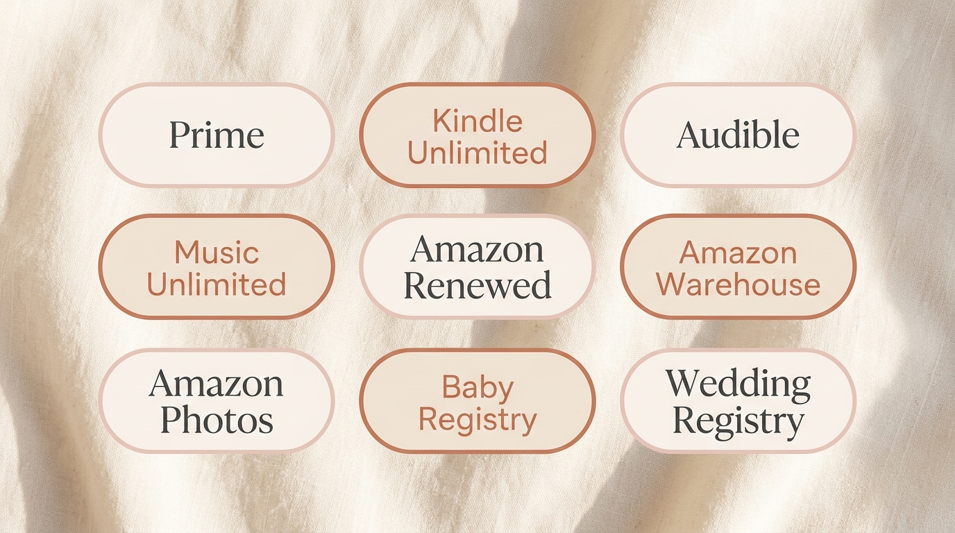 Nine Amazon program names — Prime, Kindle Unlimited, Audible, Music Unlimited, Amazon Renewed, Amazon Warehouse, Amazon Photos, Baby Registry, Wedding Registry
