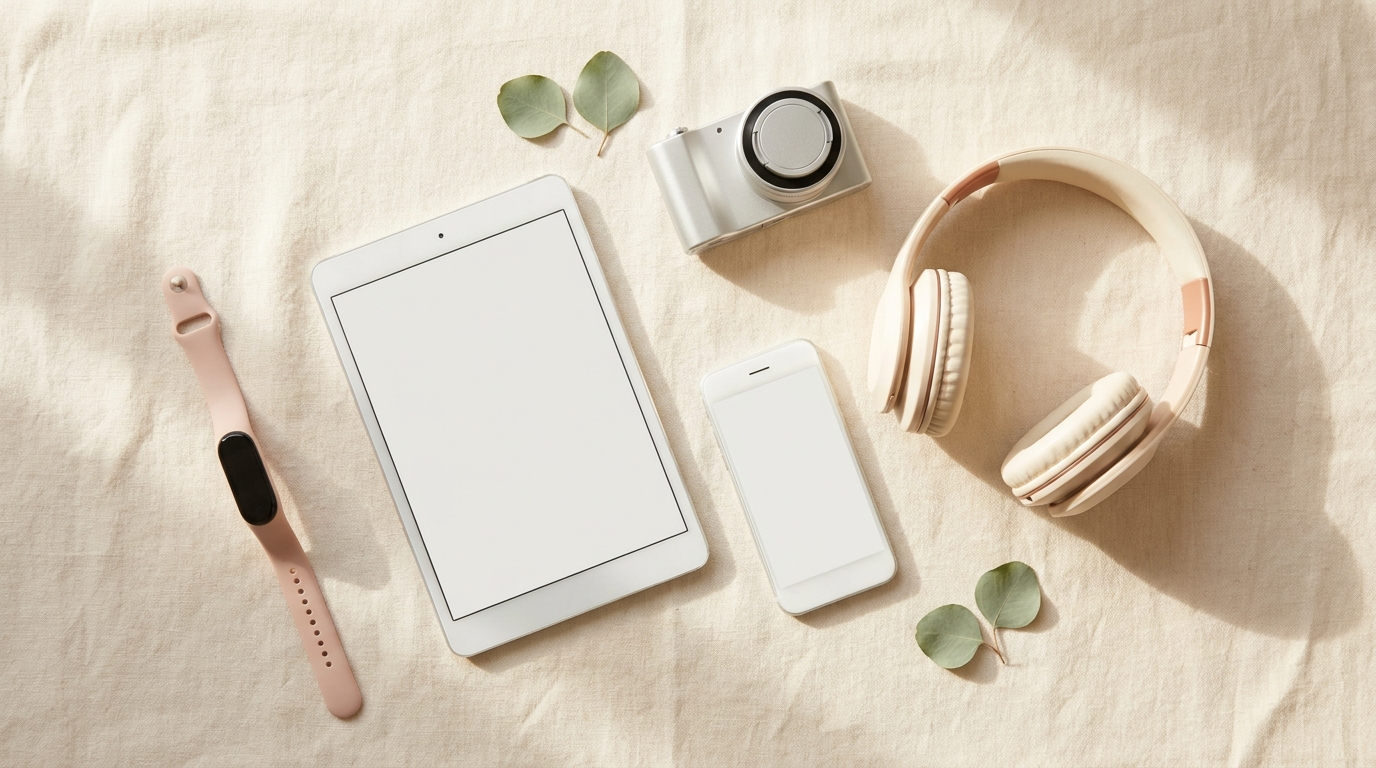 Refurbished electronics flat lay with tablet, phone, headphones, fitness band and camera