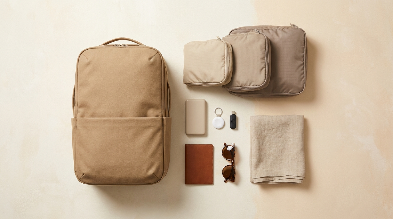 Flat lay of Amazon travel finds: luggage tracker, backpack, packing cubes and power bank