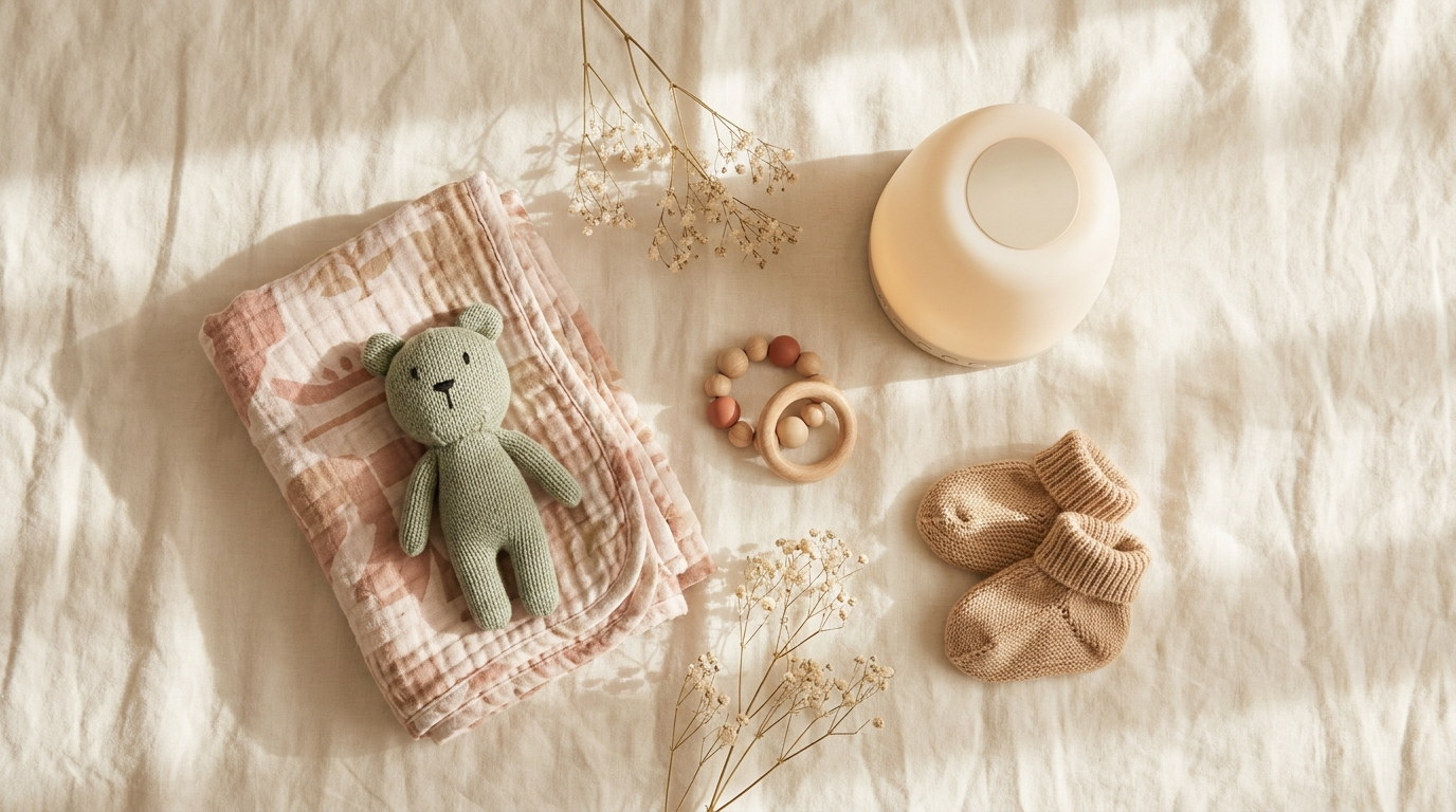 Baby essentials flat lay with muslin swaddle, rattle, activity toy, night light and booties