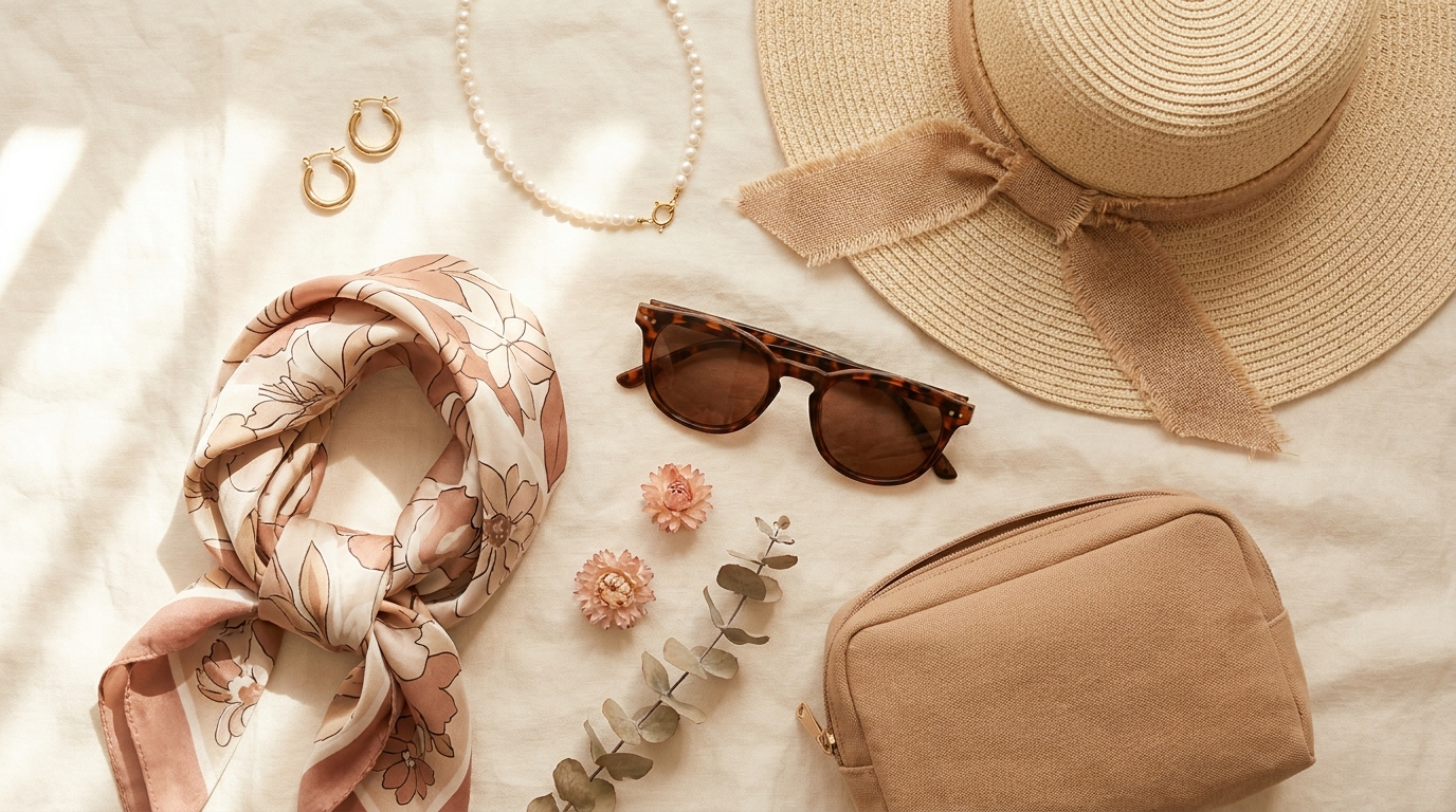 Flat lay with gold hoop earrings, pearl necklace, sunglasses, sun hat and travel pouch