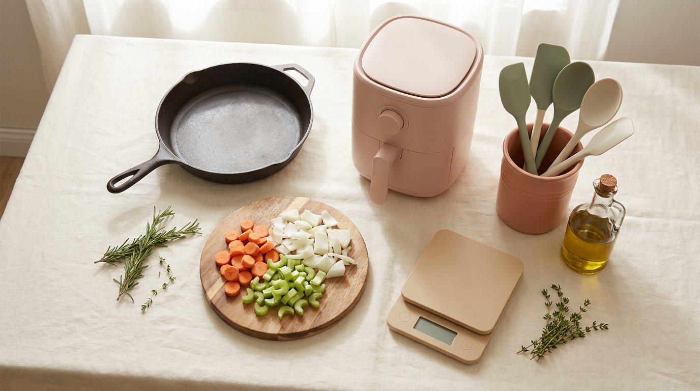 Cozy kitchen flat lay with cast iron skillet, air fryer, cutting board, scale and utensils