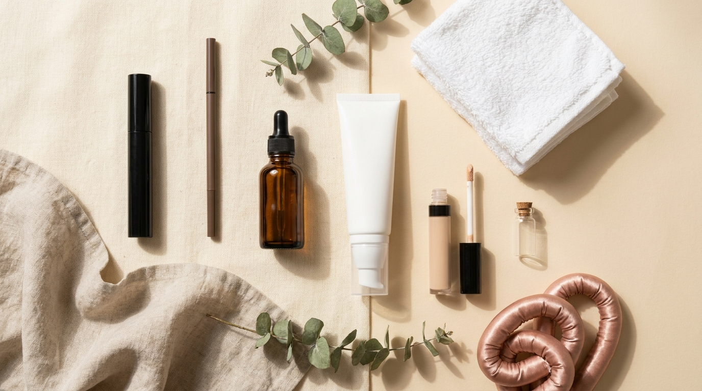 Flat lay de produits de beaute best-sellers Amazon