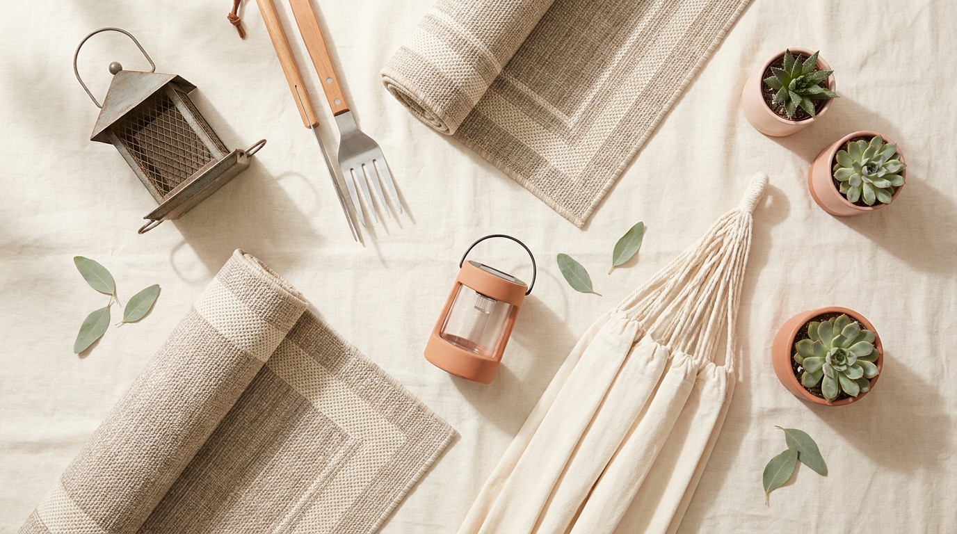Patio and garden flat lay with bird feeder, grilling tools, outdoor rug, solar lantern and hammock