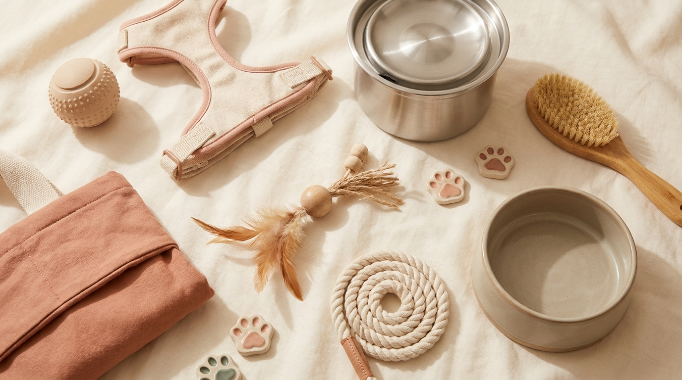 Cozy pet supplies flat lay with fetch ball, harness, water fountain, cat toy and grooming brush