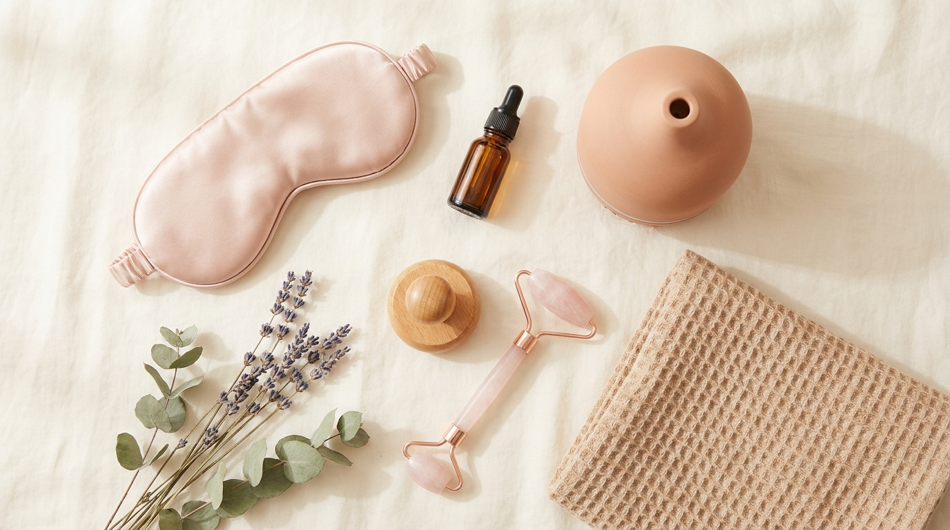 Wellness flat lay with sleep mask, essential oil, diffuser, facial roller and massager