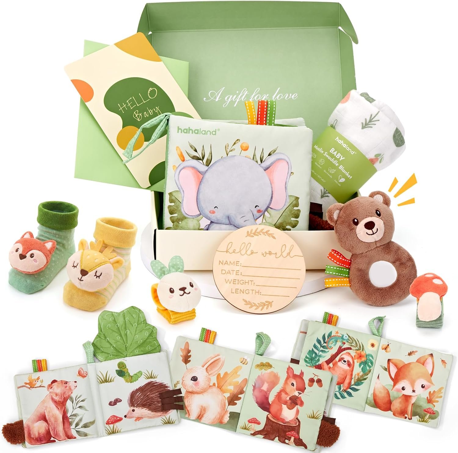 hahaland 9-in-1 Newborn Baby Gift Set (Swaddle, Rattle Socks, Crinkle Books, Milestone Card)
