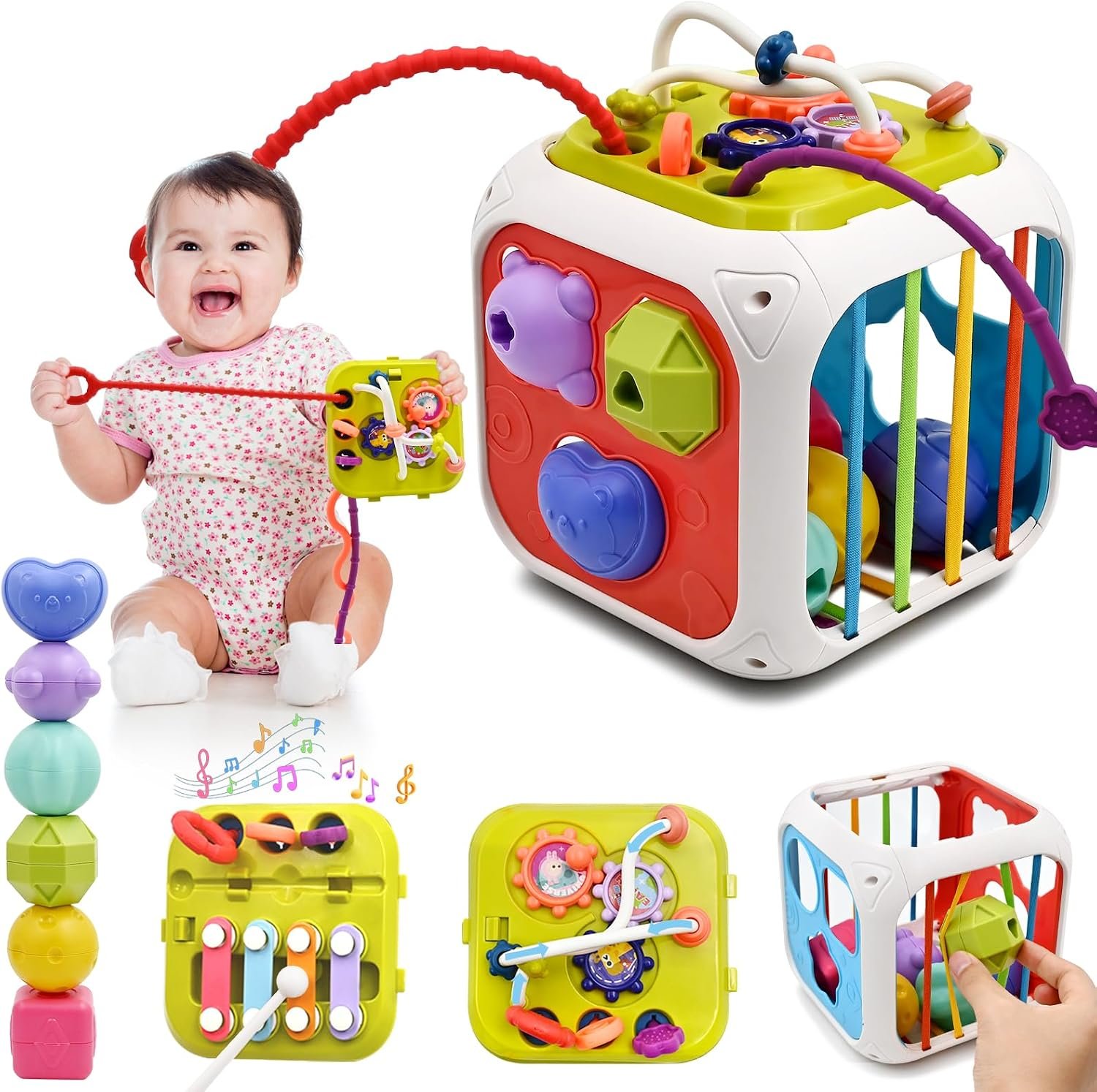 AiTuiTui 7-in-1 Montessori Sensory Activity Cube (Shape Sorter & Stacking)